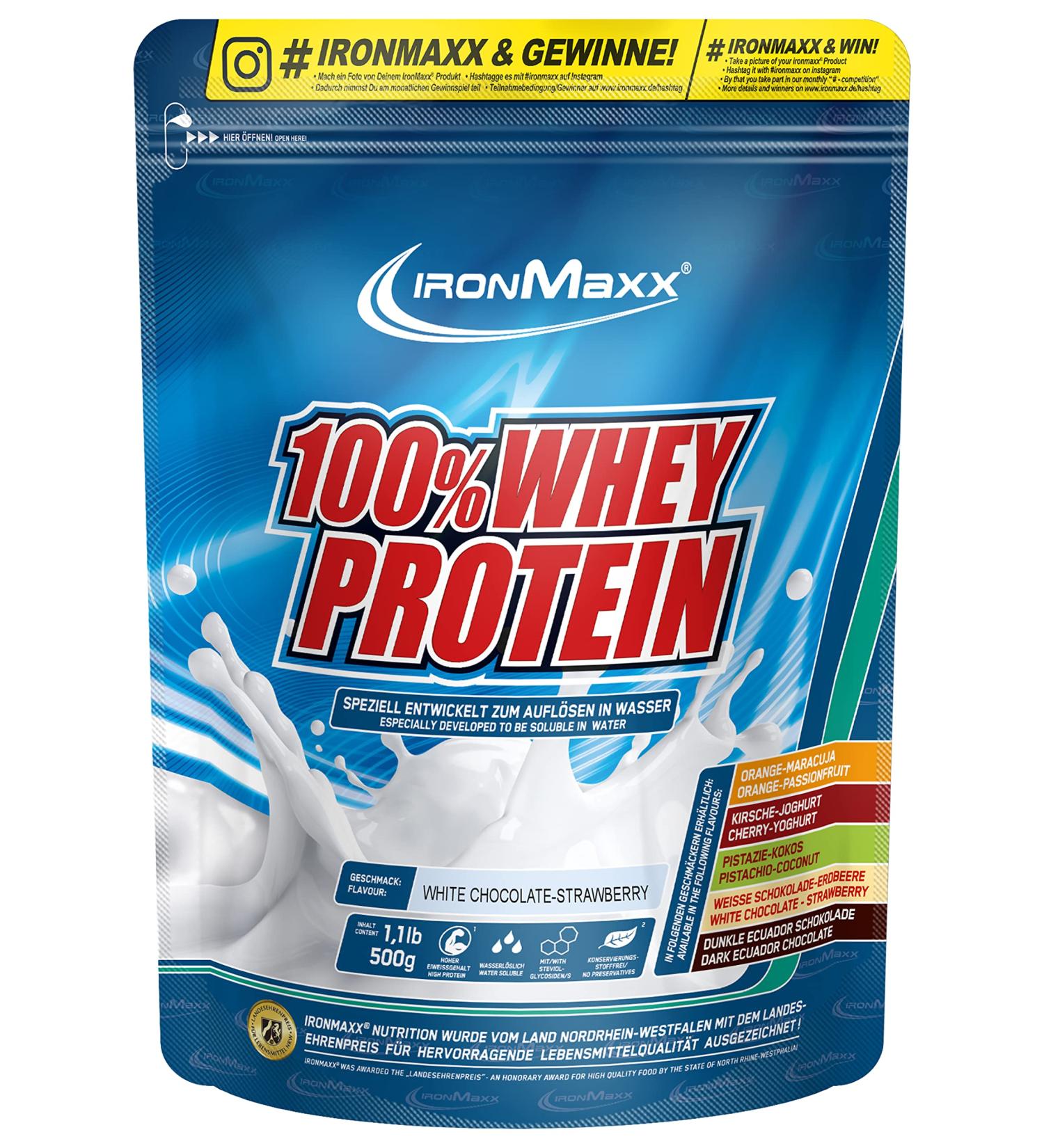 Ironmaxx 100% Whey Protein Powder - Strawberry White Chocolate 500g | Low Sugar Water-Soluble Protein | Shop Delicious Flavors Internationally - Buy Online on GoSupps.com