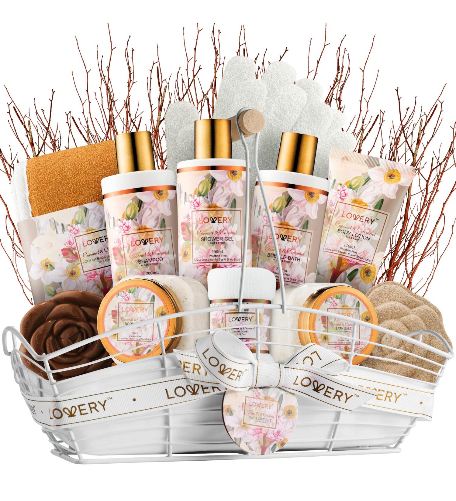 Birthday Spa Gift Basket for Women | 13pc Coconut Caramel Self Care Set - Bubble Bath Lotion Bath Bomb & More - Buy Online on GoSupps.com