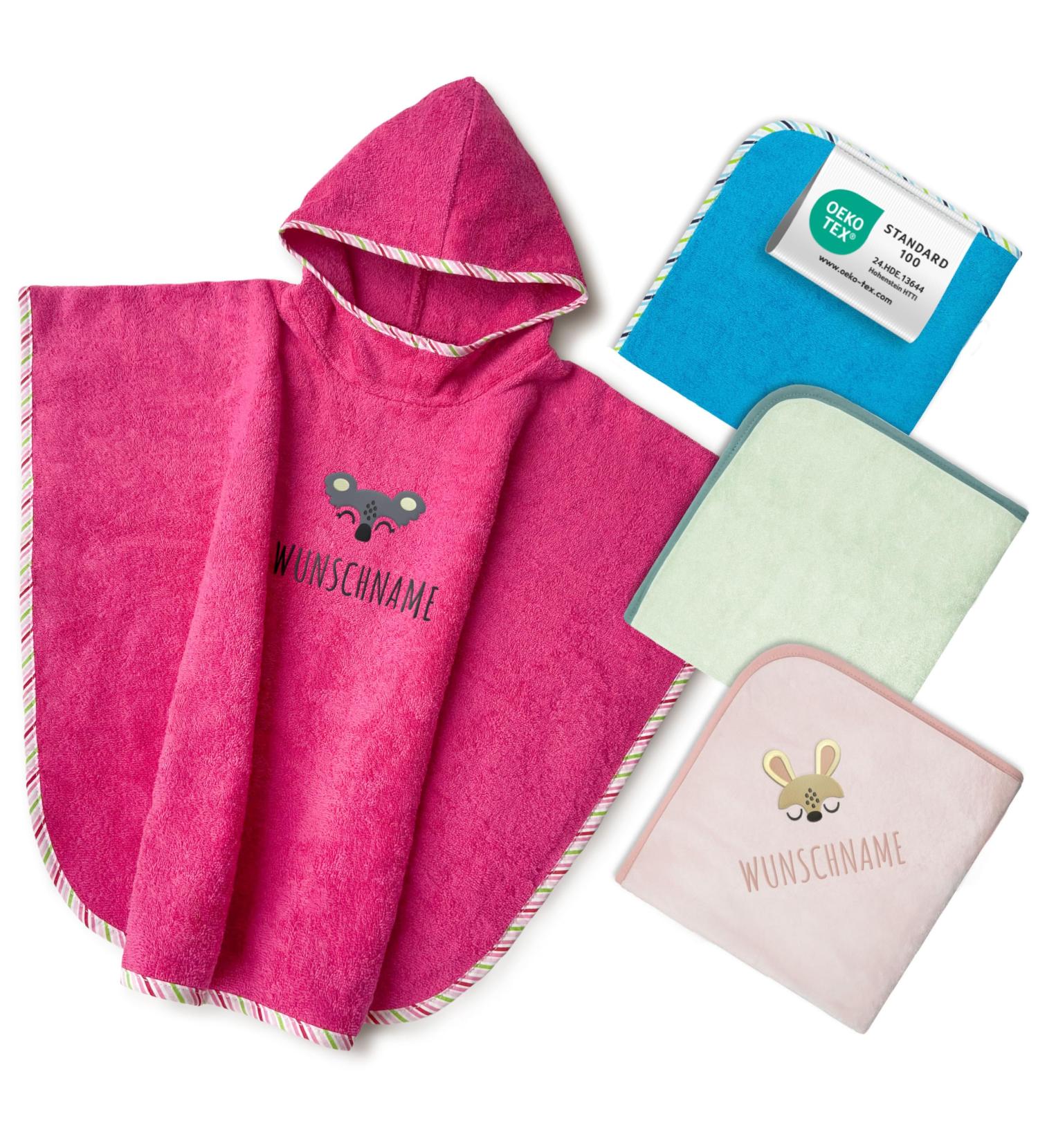 Personalized My Stitchery Badeponcho for Kids - Embroidered Hooded Towel in Pink | Oeko-Tex Standard 100 Pure Cotton - Buy Online on GoSupps.com