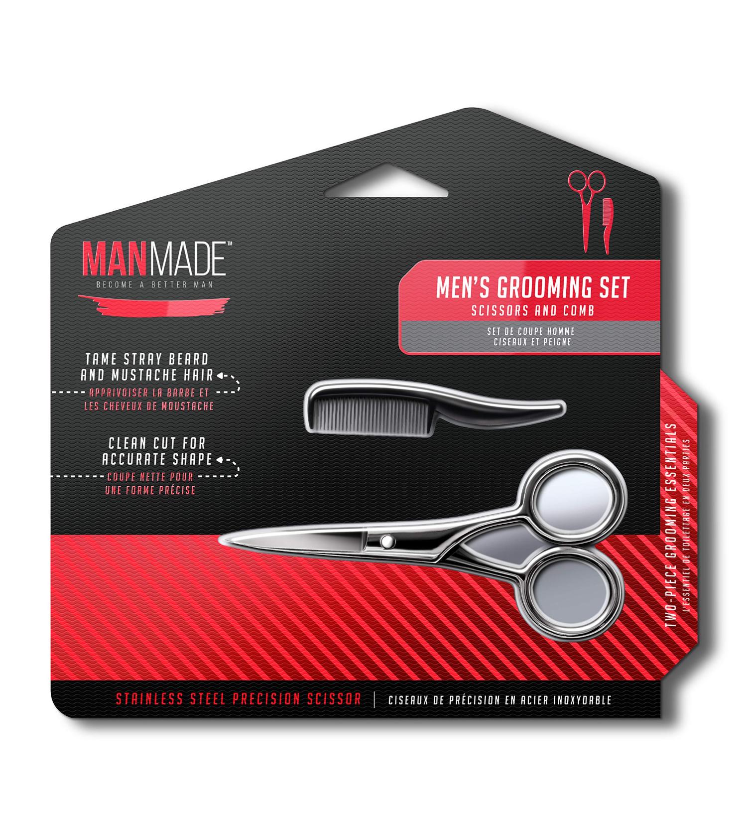 ManMade Men's Grooming Set: Stainless Steel Beard & Mustache Scissors + Free Comb | Red | Two-Piece Essentials - Buy Online on GoSupps.com