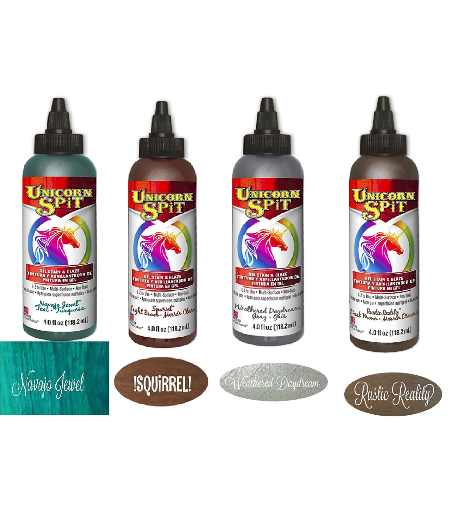 Unicorn SPiT Gel Stain and Paint Fall Collection - Squirrel, Navajo Jewel, Weathered Daydream, Rustic Reality (4 oz Bottles) - Buy Online on GoSupps.com