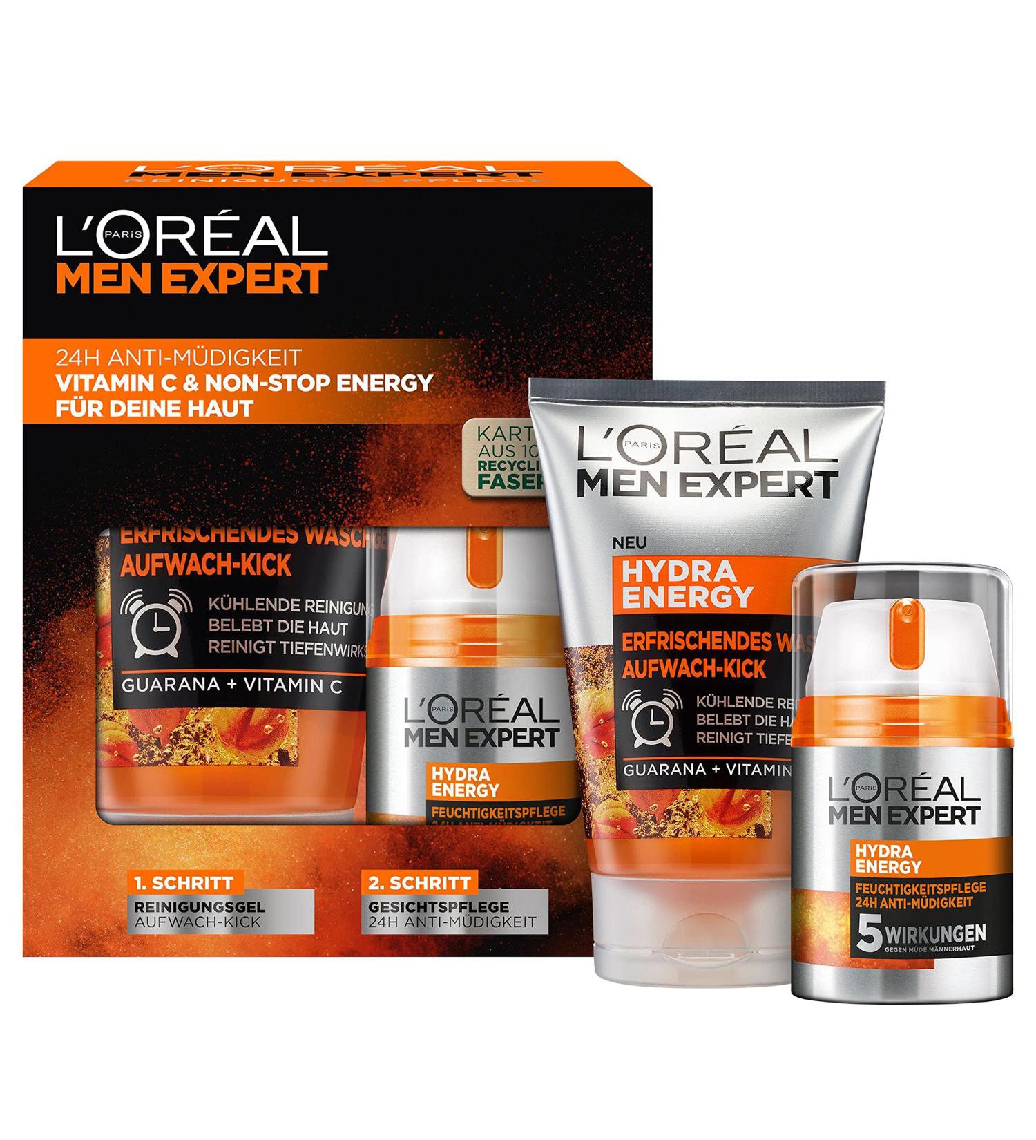 L'Or al Men Expert Hydra Energy Gift Set for Men - Washing Gel & 24h Moisturizer with Guarana & Vitamin C | 150ml International Shipping Available - Buy Online on GoSupps.com