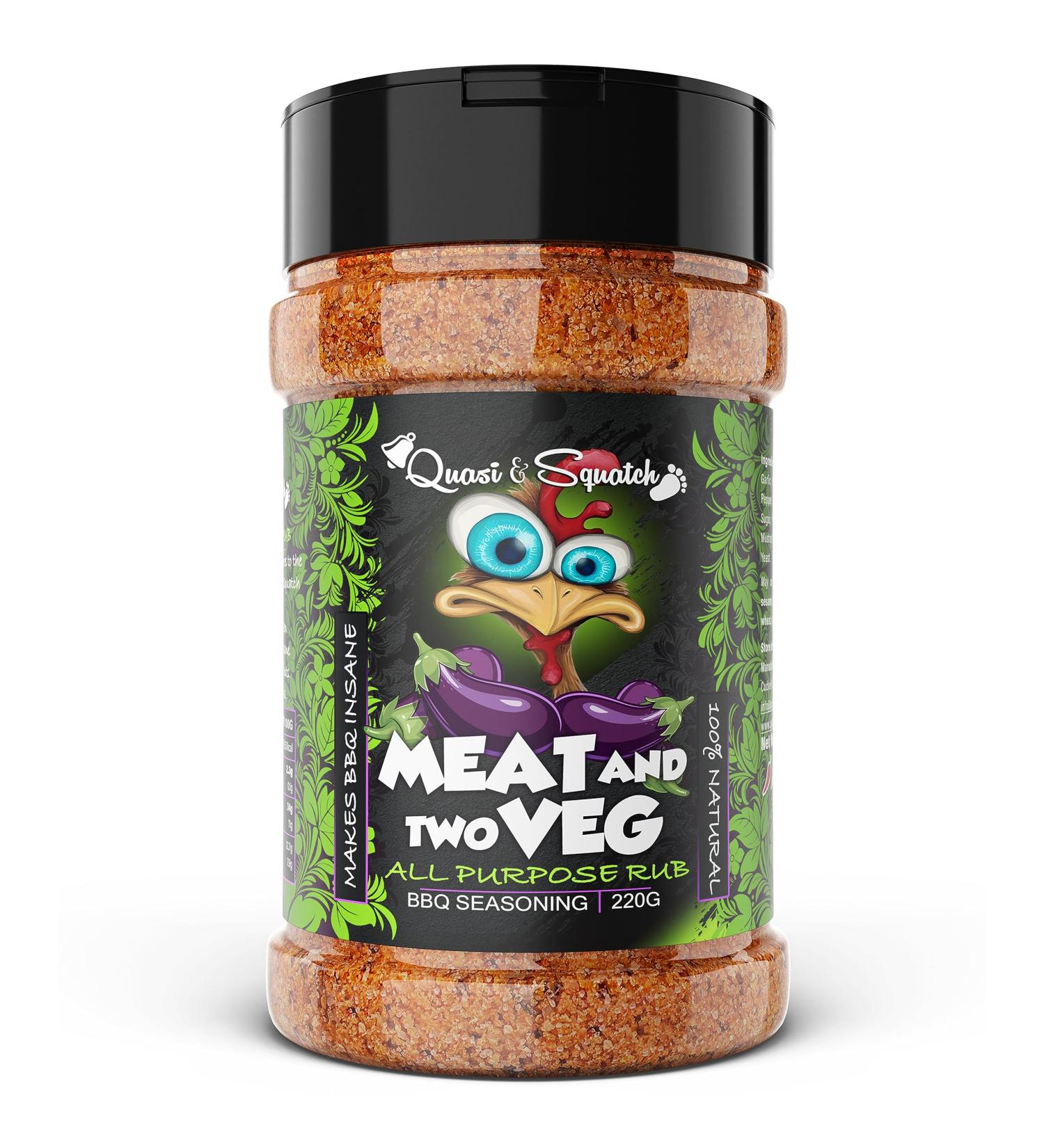 Quasi & Squatch Meat & Two Veg BBQ Rub - Premium Seasoning for Char Grill Dishes | Savoury Meaty & Smoky Spice Blend - Large 220g Jar - Buy Online on GoSupps.com