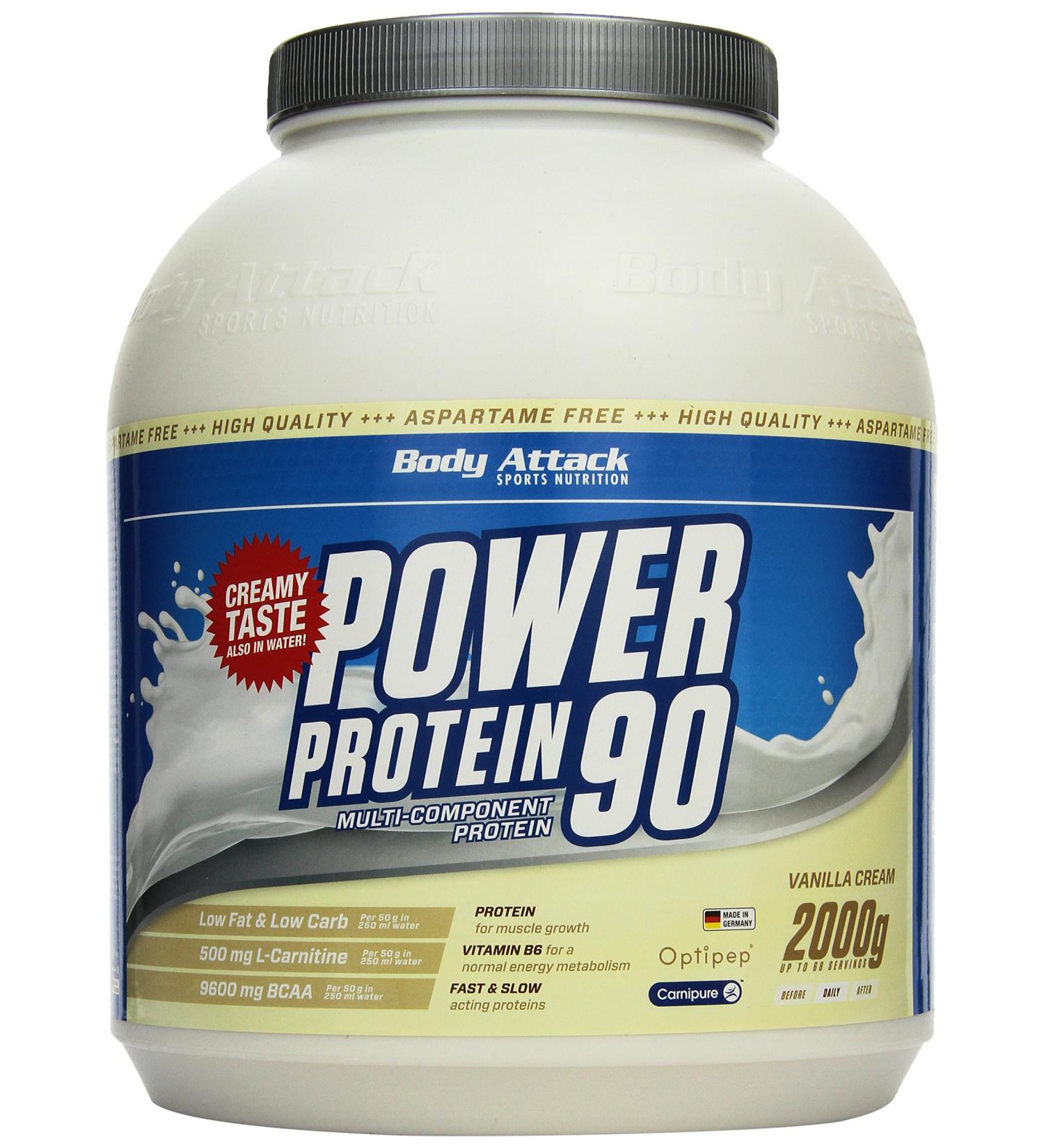 Body Attack Power Protein 90 - Vanilla - 2kg Multi-Component Protein Powder | BCAA Vitamins & L-Carnitine | Extra Creamy Protein Shake - Made in Germany - Buy Online on GoSupps.com