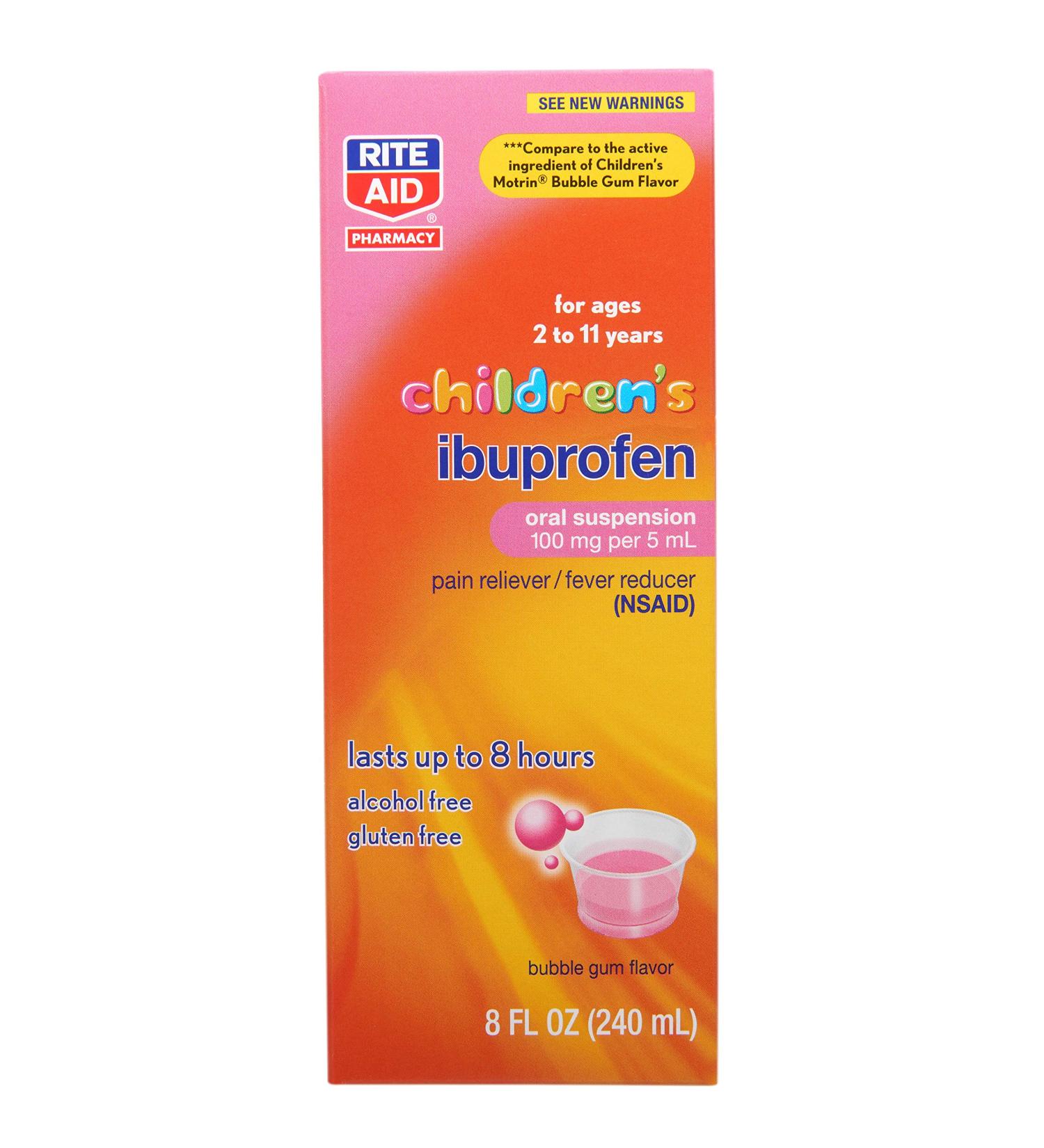 Rite Aid Children's Ibuprofen Ages 2-11 Bubble Gum - 8 oz | Kids Pain & Fever Relief | 100 mg/5 mL Oral Suspension for Children | Alcohol & Gluten Free - Buy Online on GoSupps.com