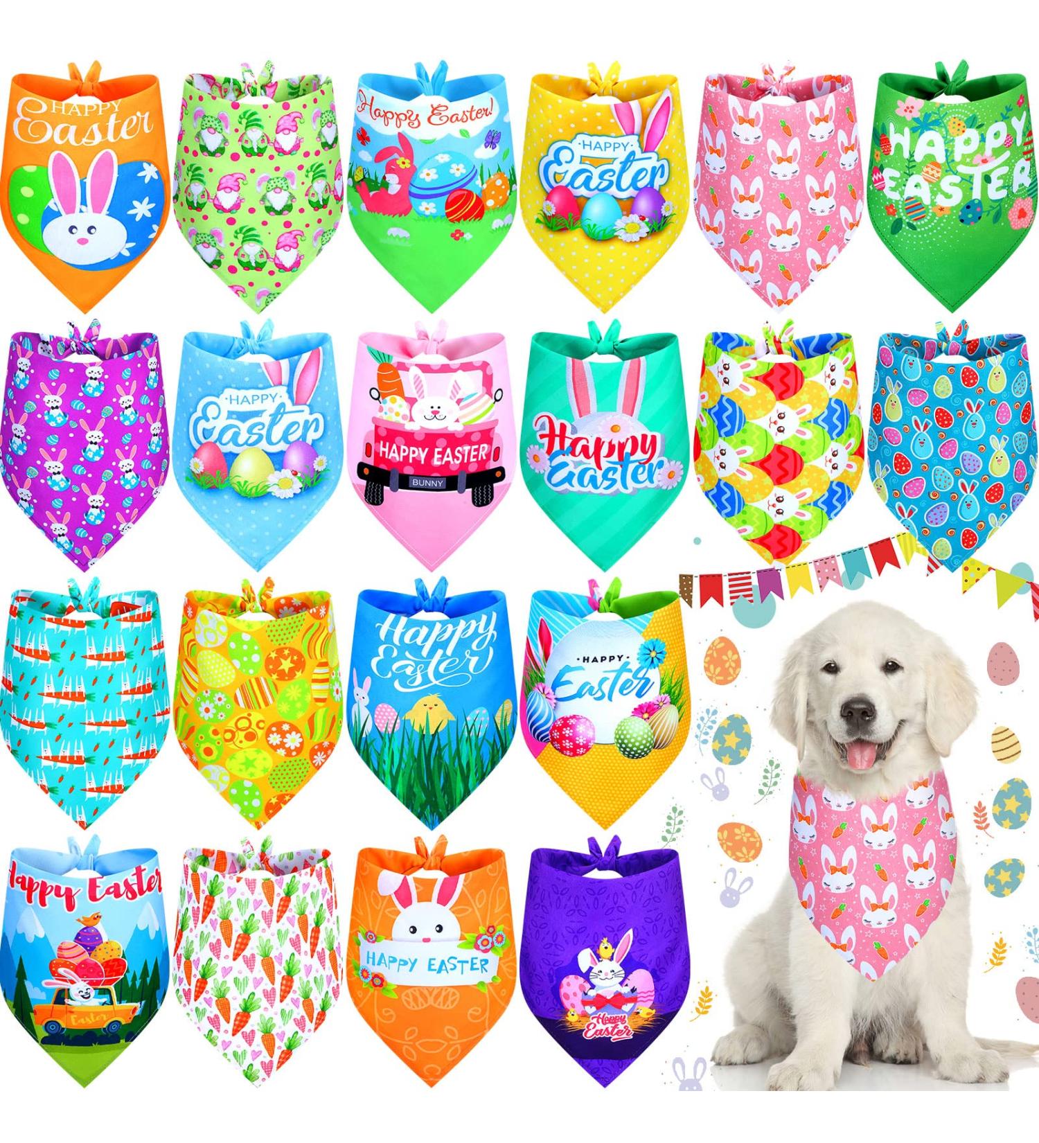 Easter Dog Bandana Set - 20 Pcs Washable Triangle Bibs for Dogs & Cats - Rabbit, Egg, Carrot Design - Adjustable & Washable Pet Scarfs - Easter Pet Accessories - Buy Online on GoSupps.com