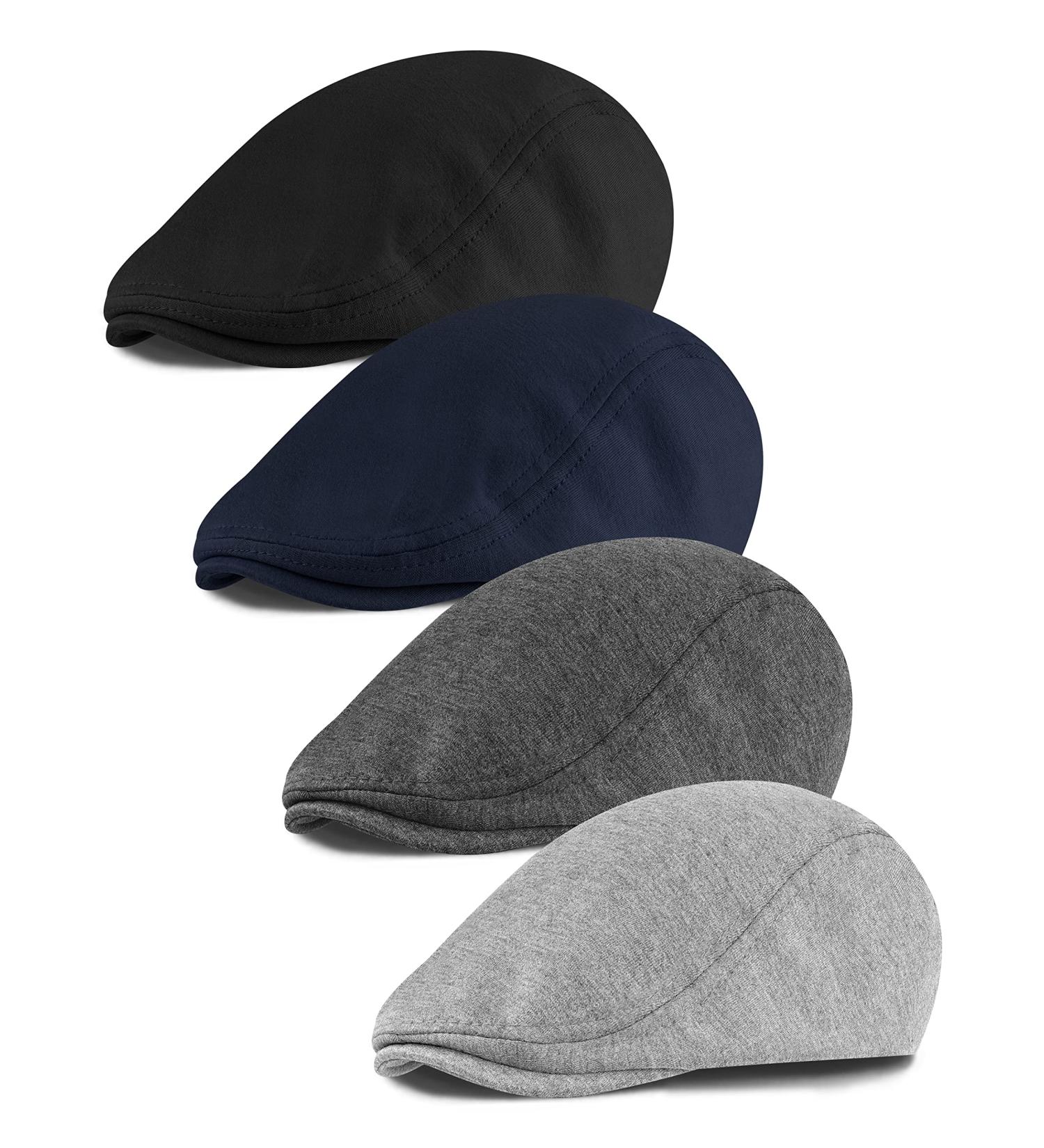 KUTTOR Men's Newsboy Cap Set - 4 Piece Soft Stretch Fit Cabbie Hunting Hats in Dark Grey, Light Grey, Navy Blue, Black - Buy Online on GoSupps.com