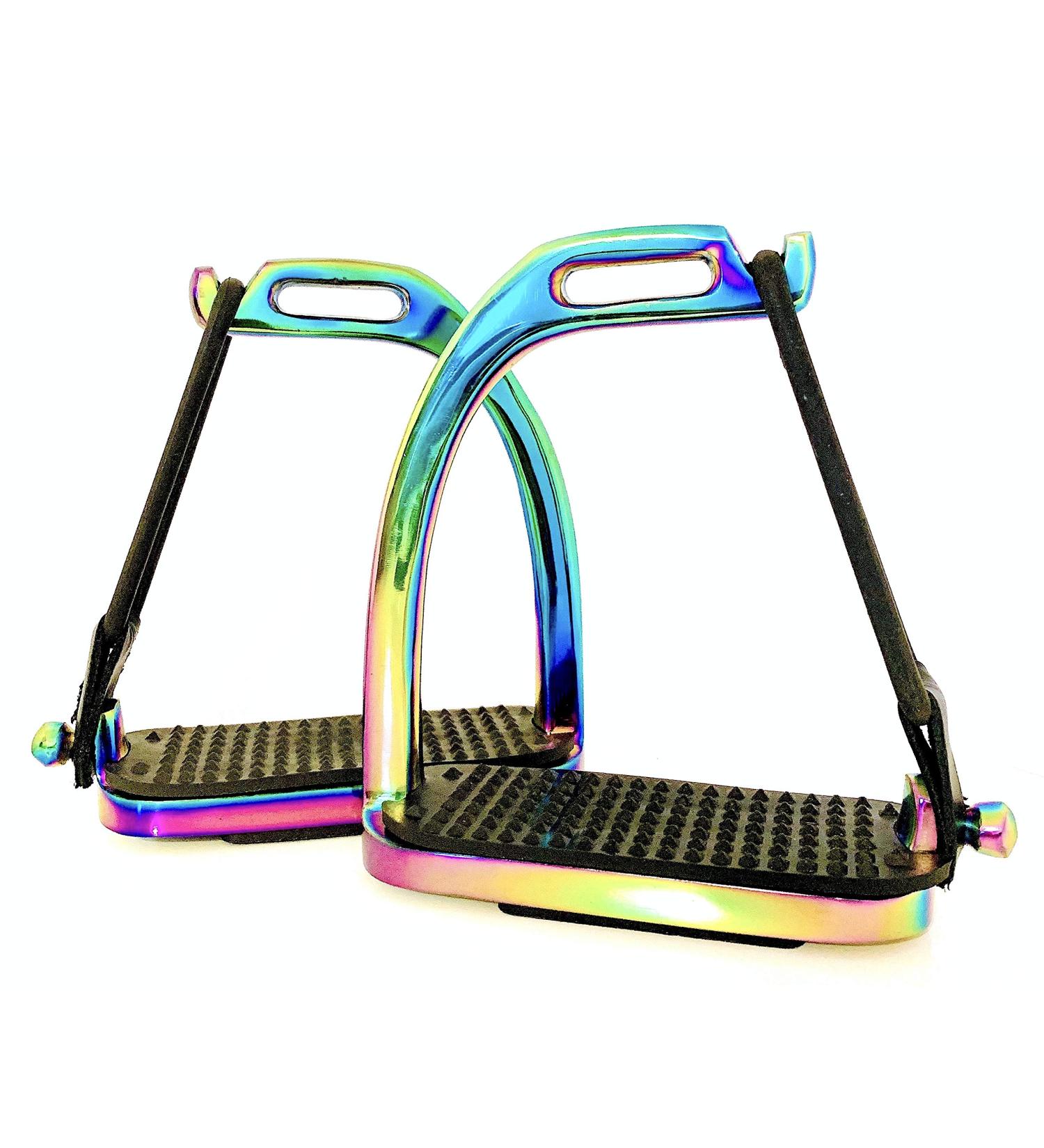Peacock Rainbow Gloss Fillis Safety Stirrups S/Steel with Black Treads - 4.75 Inches - Buy Online on GoSupps.com