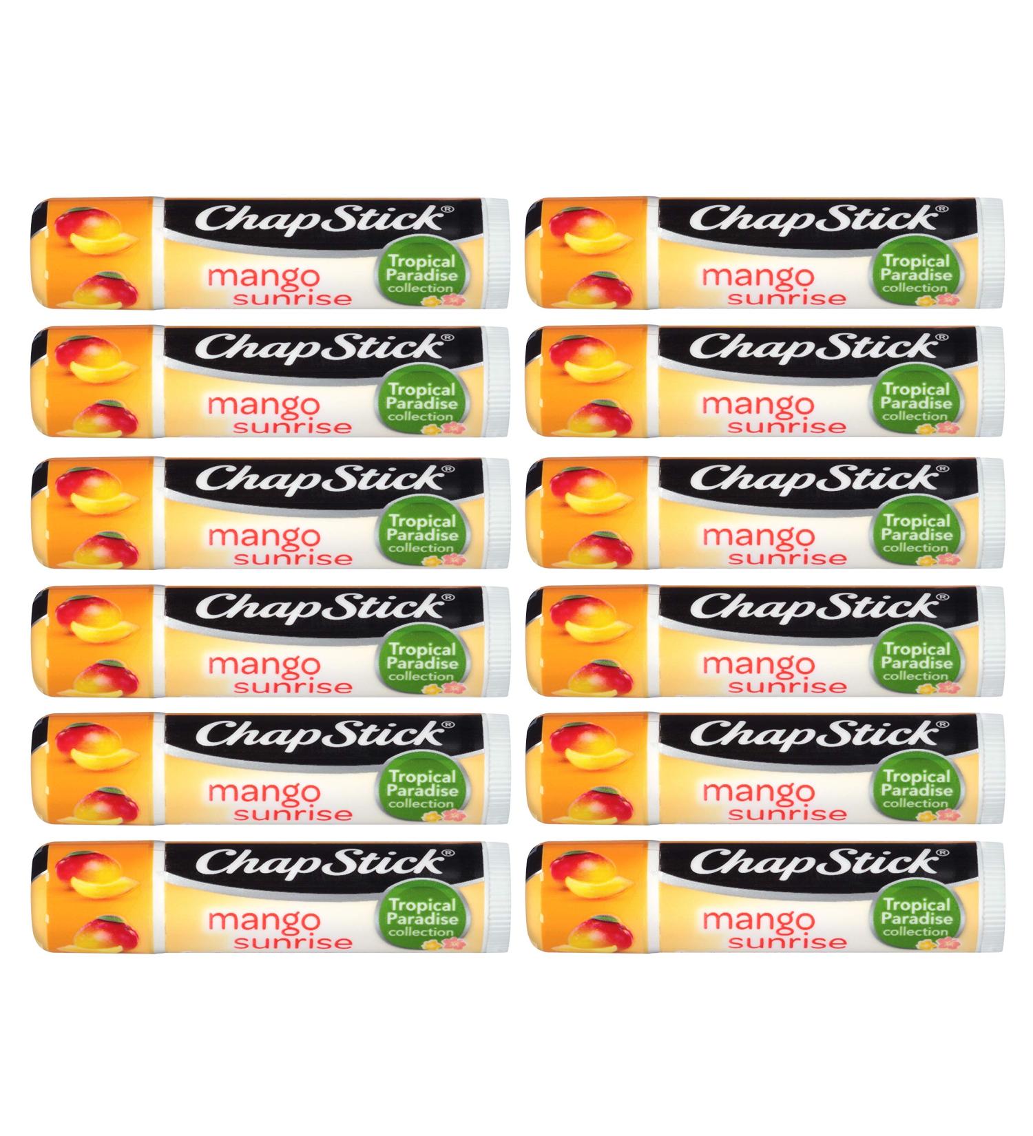 ChapStick Tropical Paradise (Mango Sunrise Flavor  0.15 Ounce) Lip Balm Tube  Skin Protectant  Lip Care  (1 Tray  12 Sticks)