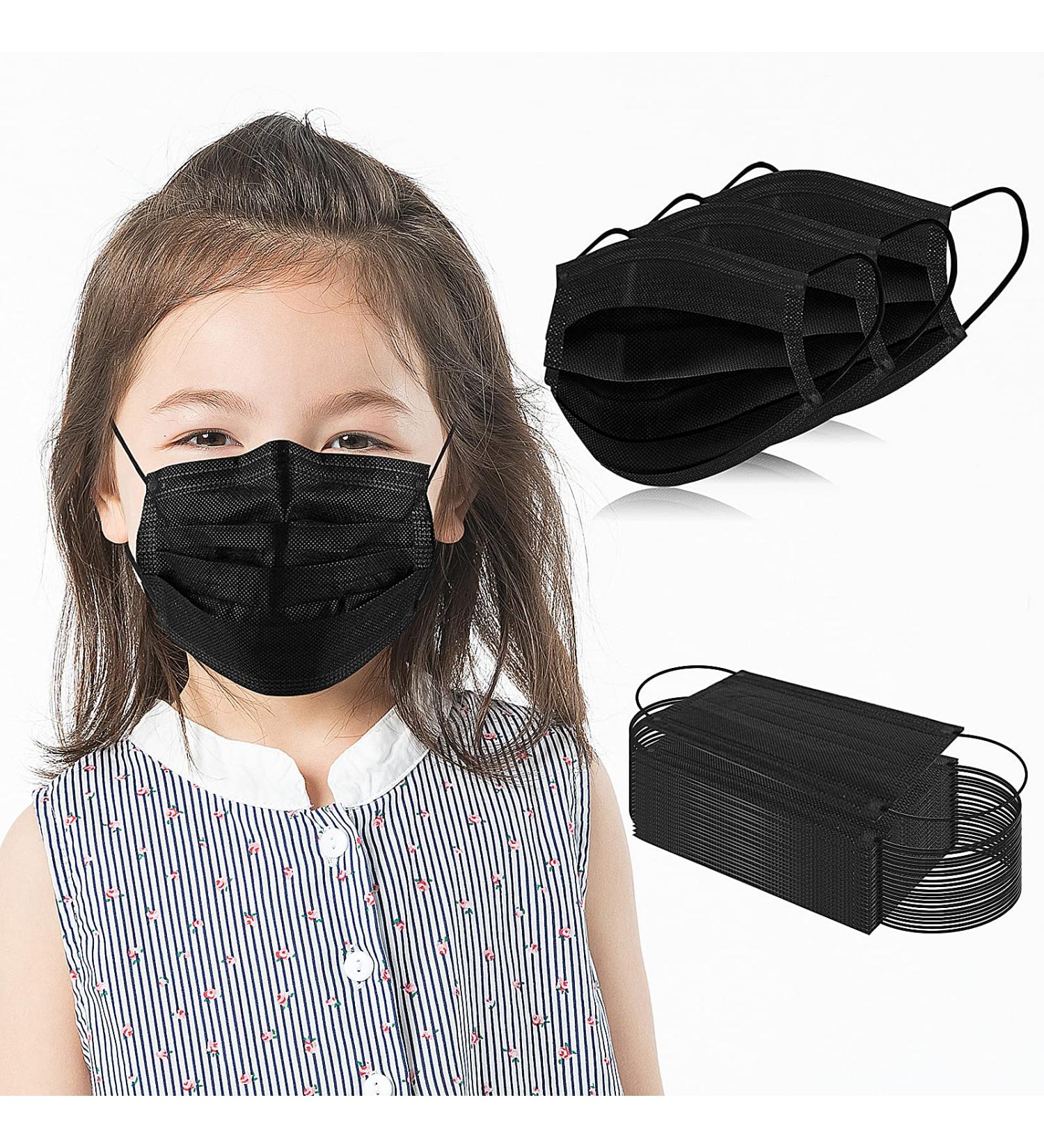 Kids 3-Ply Disposable Face Masks - 100 PCS Black Safety Masks with Adjustable Nose Clip & Ear Loops for School & Travel - Buy Online on GoSupps.com
