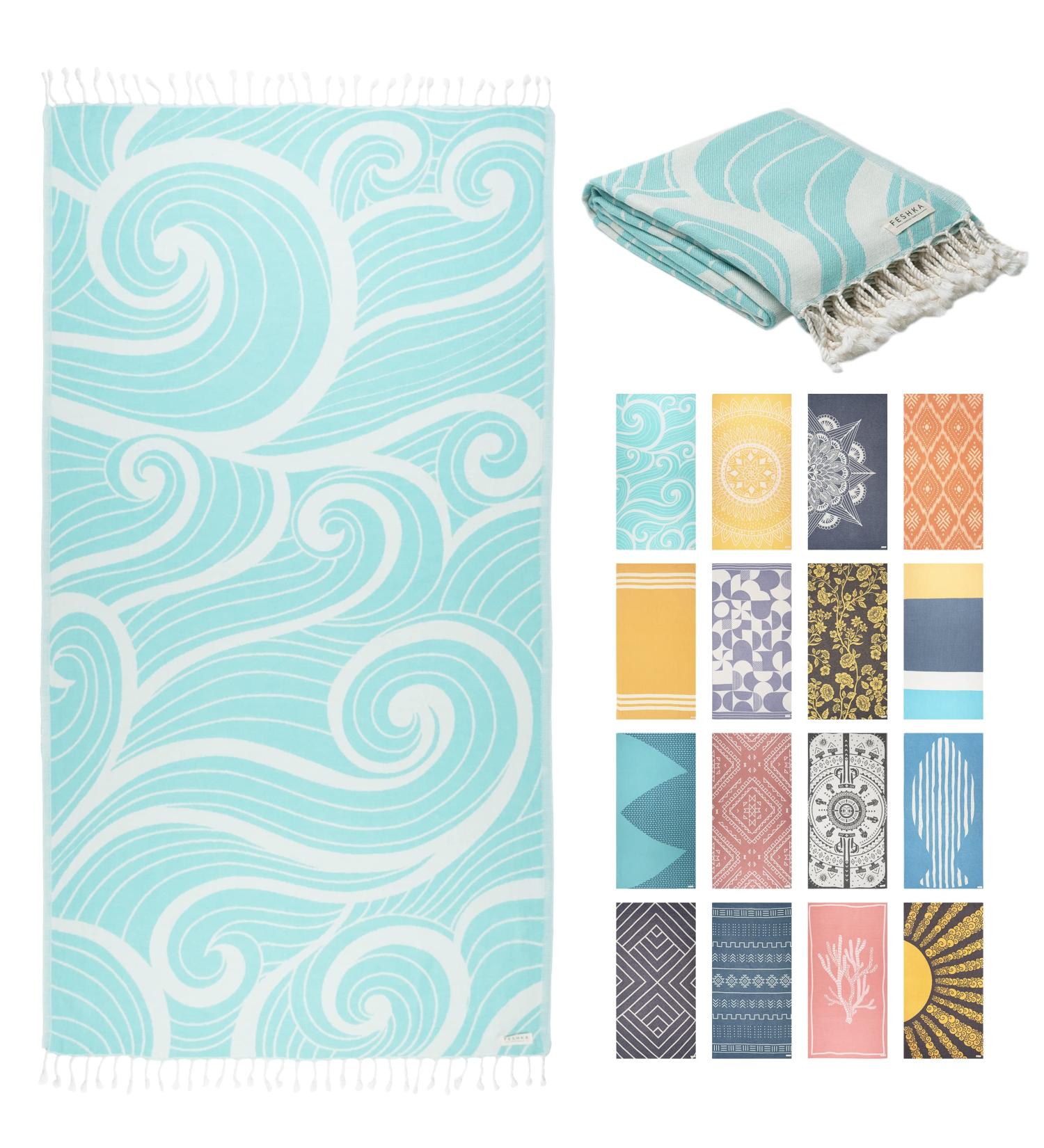 FESHKA Sand Free Turkish Beach Towel 37x67 - Quick Dry, Oversized, Lightweight - 100% Organic Turkish Cotton - Summer Waves (Turquoise) - Ideal for Travel - Buy Online on GoSupps.com
