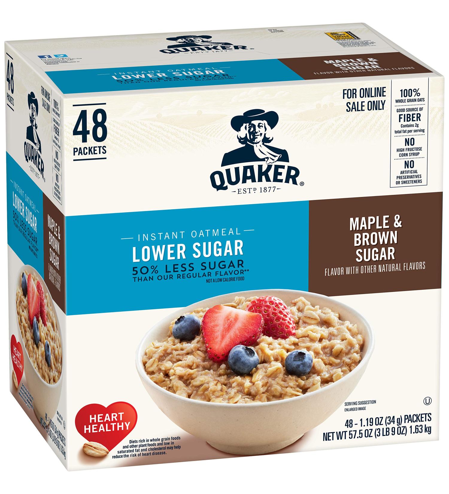 Quaker Lower Sugar Maple & Brown Sugar Instant Oatmeal Packets (48 ct, 1.19 oz) - Buy Online on GoSupps.com