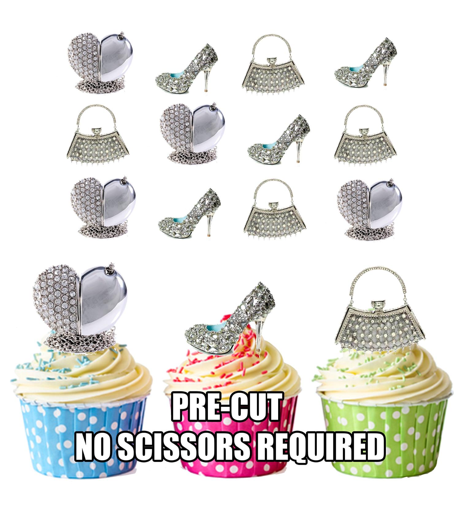 Precut Novelty Bling Silver Handbag Shoe and Necklace Mix - 36 Cup Cake Toppers - Edible Stand Up Decorations