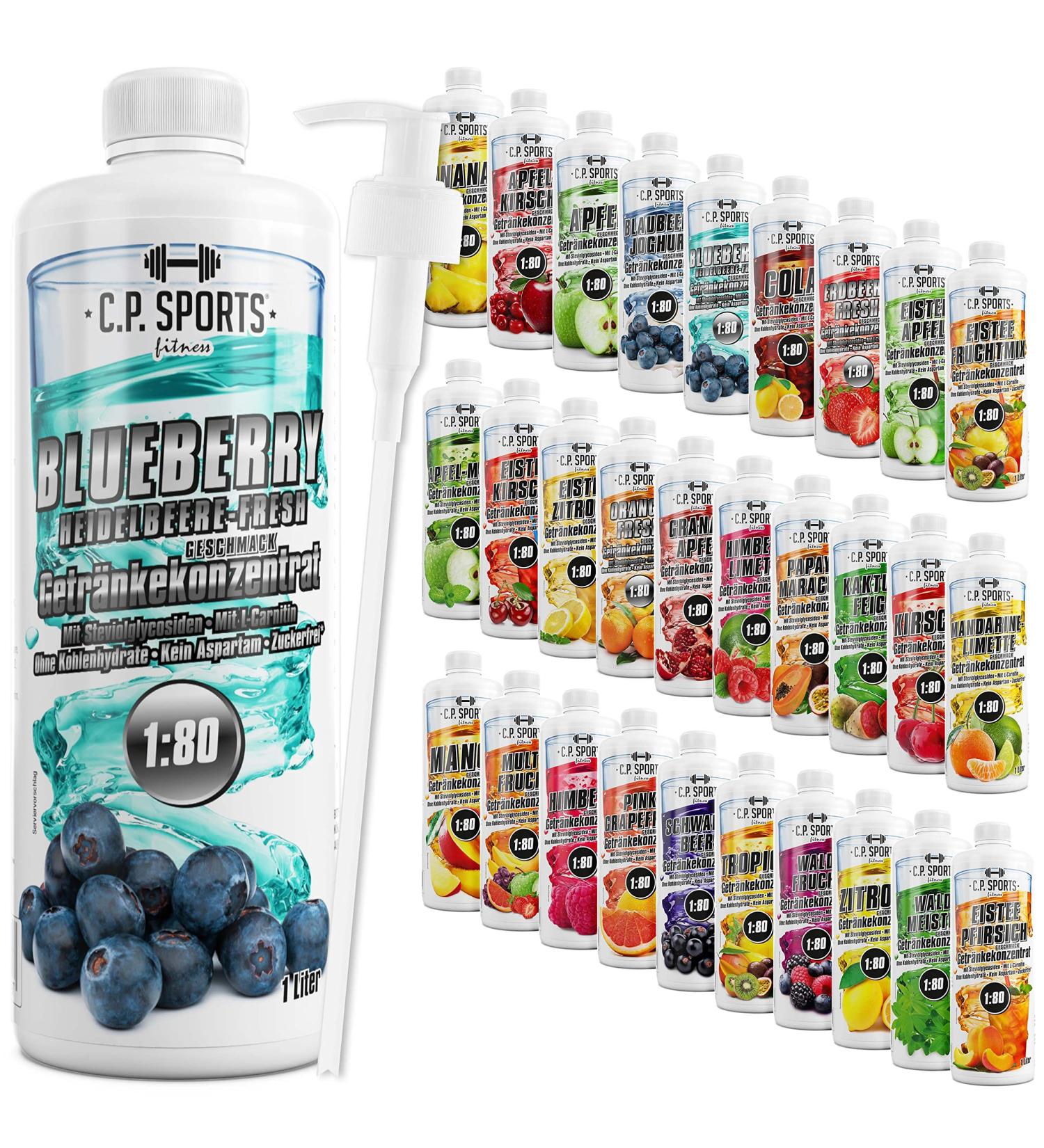C.P.Sports Sugar-Free Blueberry Beverage Syrup - 1L Concentrate with Pump Dispenser | Mineral Drink with Vitamins | Ideal Sports Drink for Hydration - Buy Online on GoSupps.com
