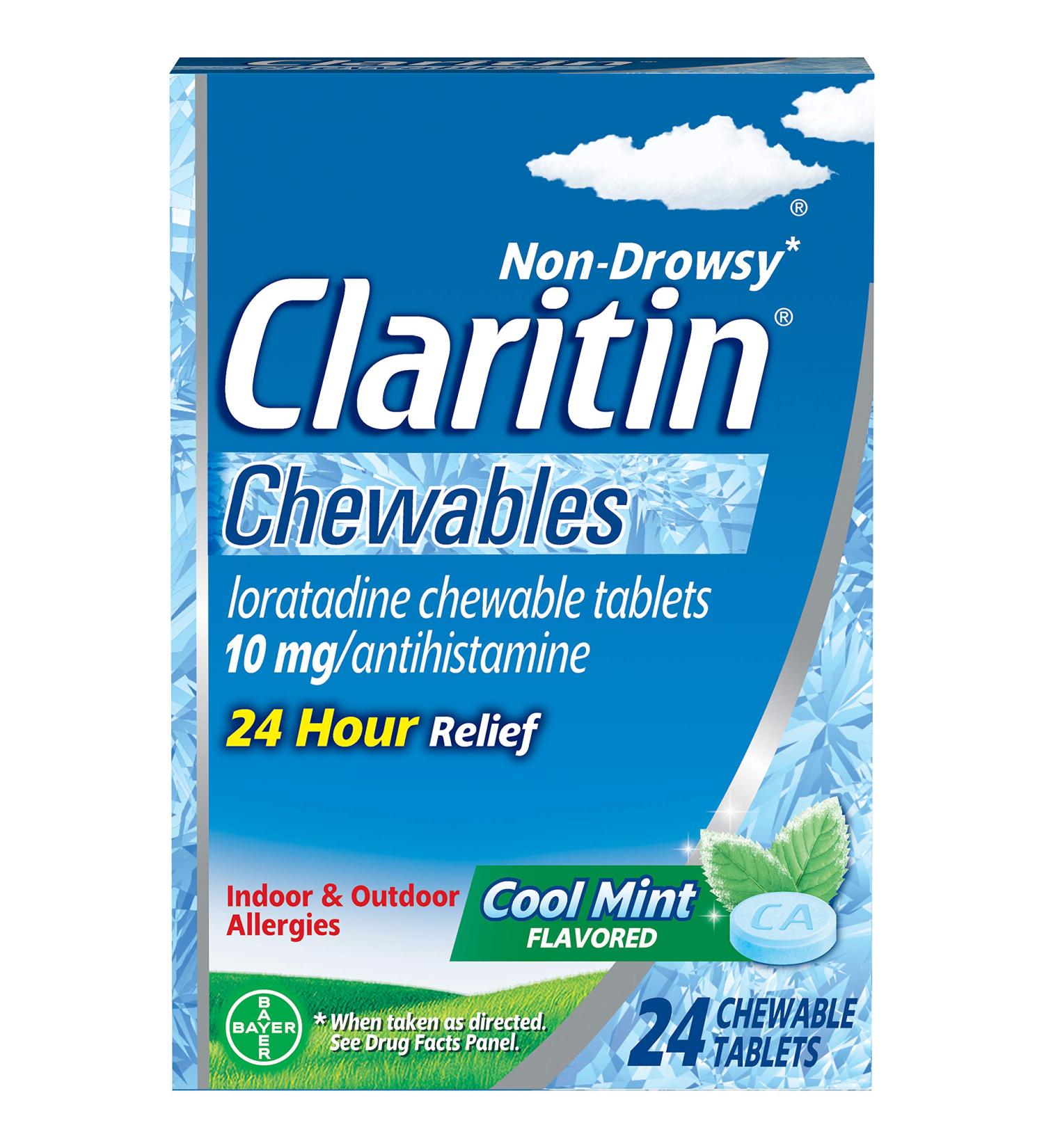 Claritin 24 Hour Chewable Cool Mint Flavored Tablets - 24 Count Pack - Non-Drowsy Allergy Relief Medicine with Loratadine Antihistamine - Buy Online on GoSupps.com