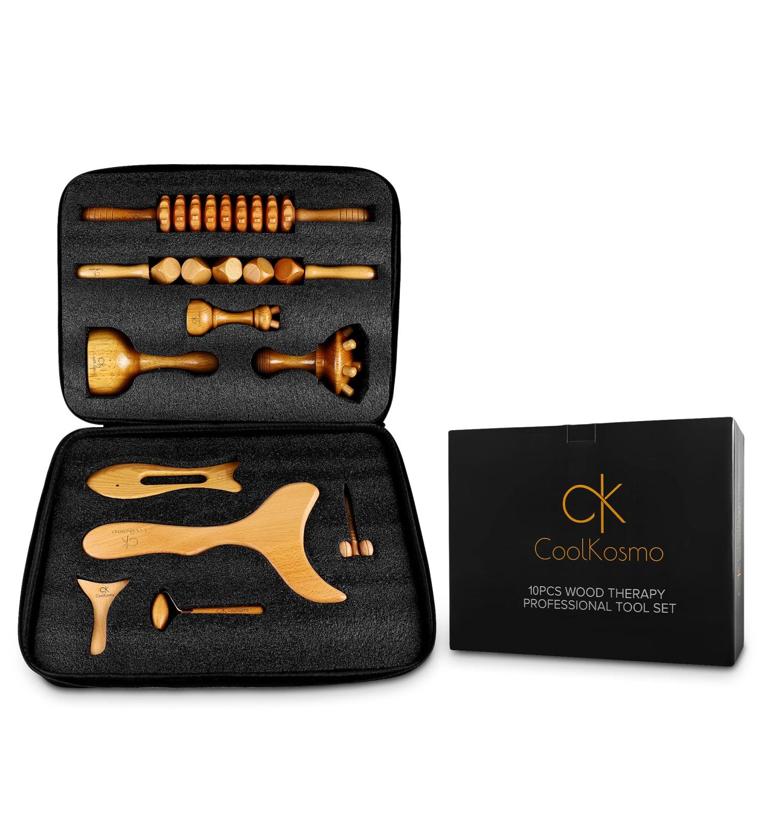 Coolkosmo Professional Maderotherapy Set | Anti-Cellulite Massage & Lymphatic Drainage | Gua Sha Body & Face Massager | Massage Roller & Exclusive Case - Buy Online on GoSupps.com