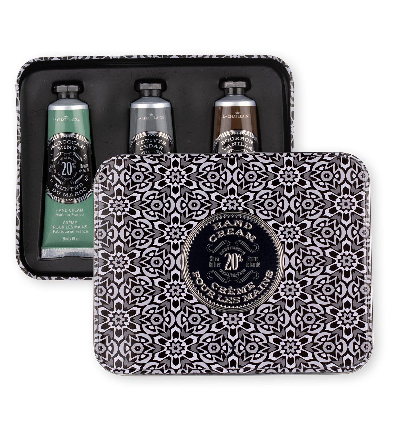 La Chatelaine Hand Cream Trio Tin Gift Set | Unisex | Father's Day | Made in France with 20% Organic Shea Butter | Moroccan Mint, Vetiver Cedar, Bourbon Vanilla | Gray Mosaic Decorative Tin - Buy Online on GoSupps.com