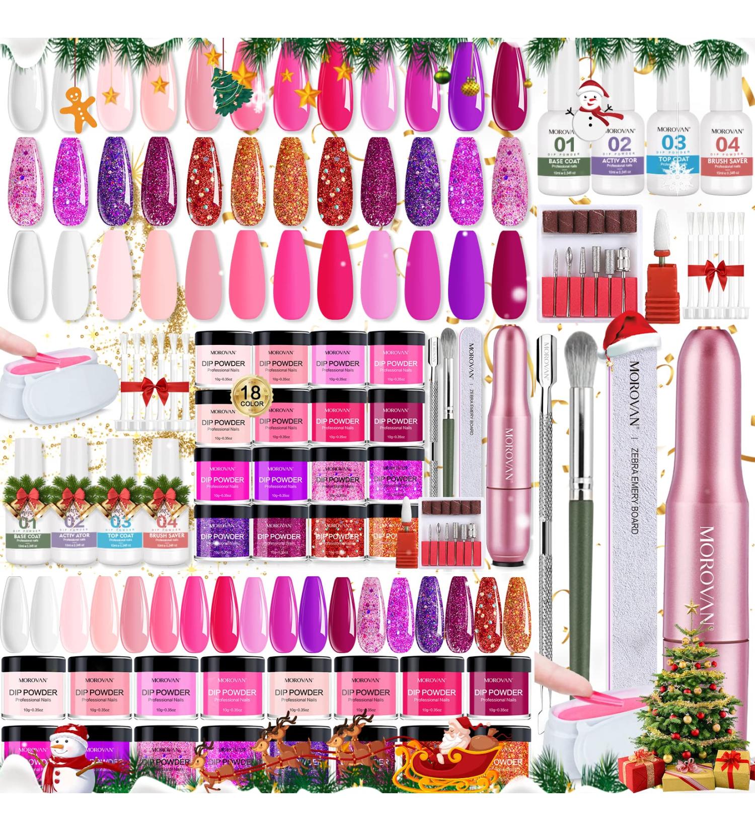 Morovan Dip Powder Nail Kit Starter- 18 Colors Glitter Dipping Powder Set with Electric Nail Drill Machine - DIY Pink Pure Glitter Nails - Buy Online on GoSupps.com