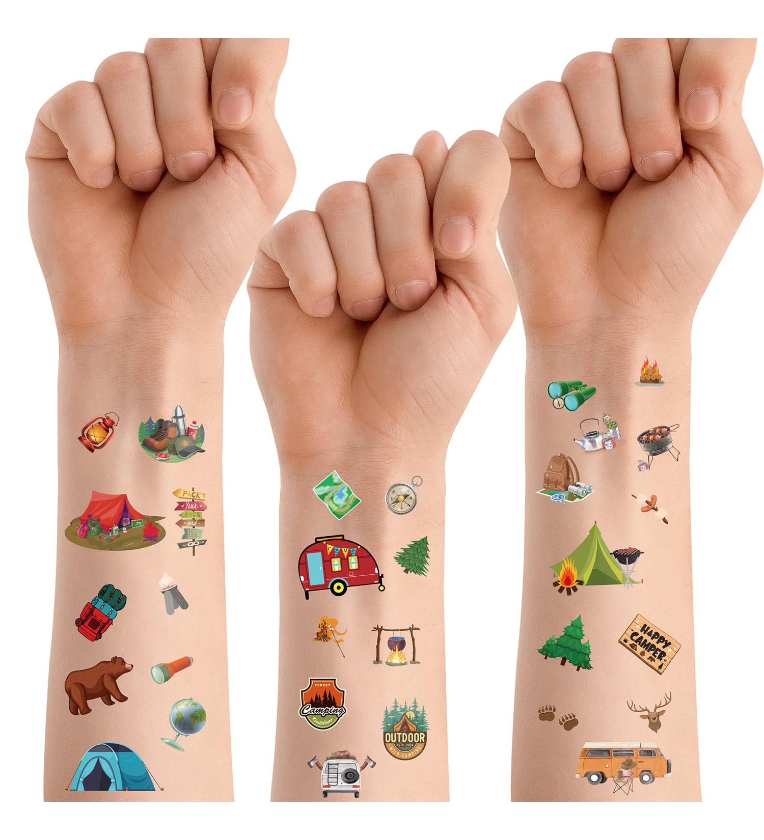 PANTIDE 100Pcs Camping Temporary Tattoos for Kids - Waterproof Non-toxic Fake Tattoos Stickers | Cartoon Body Stickers with Animals, Cars, Tents - Happy Camper Theme Party Favors & Birthday Gifts - Buy Online on GoSupps.com