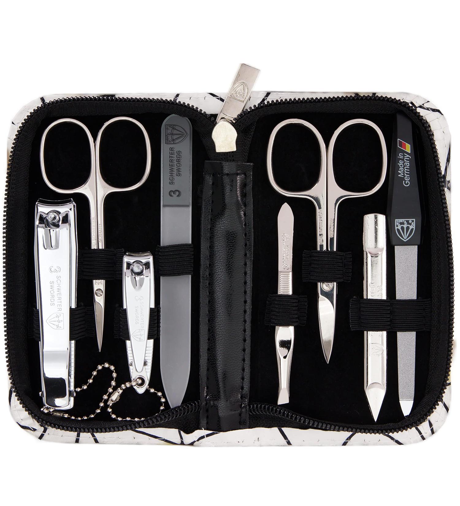 Three Swords 8-Pcs Manicure Set 'Roma' | High-Quality Nail Care in White-Black Synthetic Leather Case | Includes Nail Scissors Clippers Tweezers & Glass Files - Buy Online on GoSupps.com