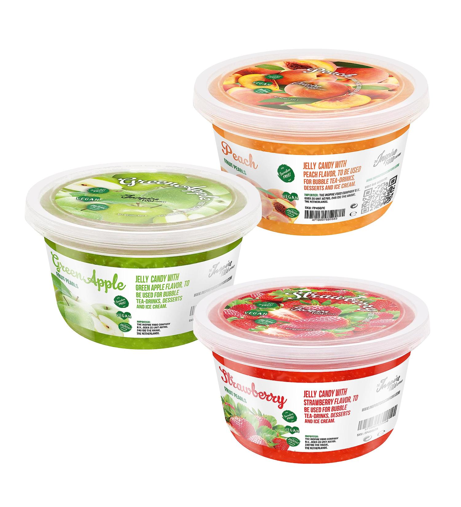Inspire Food Bubble Tea Pearls - 3-Person Pack Popping Boba | Vegan Gluten-Free Tapioca | Strawberry Green Apple Peach - 450g Each - Buy Online on GoSupps.com