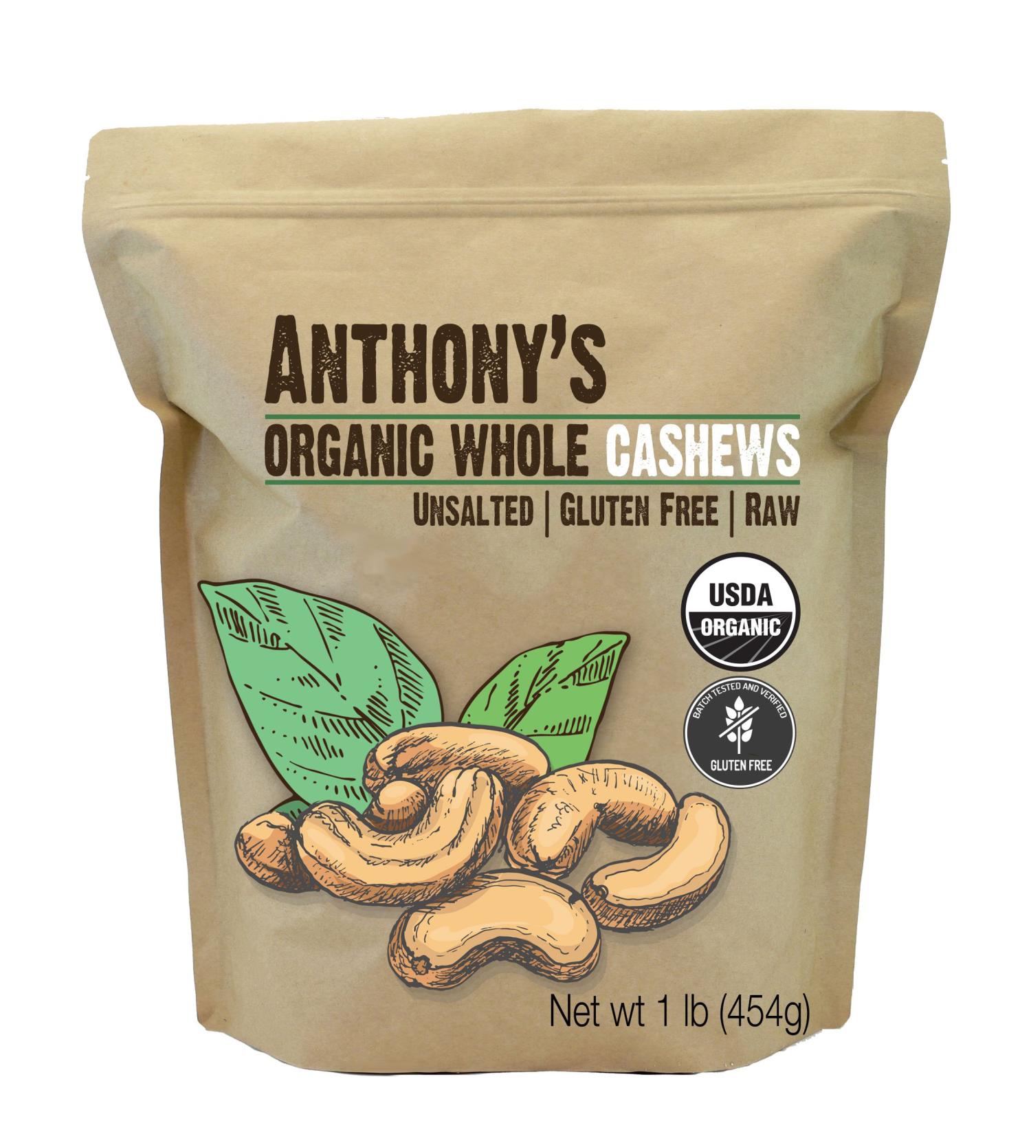 Anthony's Organic Whole Cashews 1 lb - Raw, Unsalted & Gluten Free - Buy Online on GoSupps.com