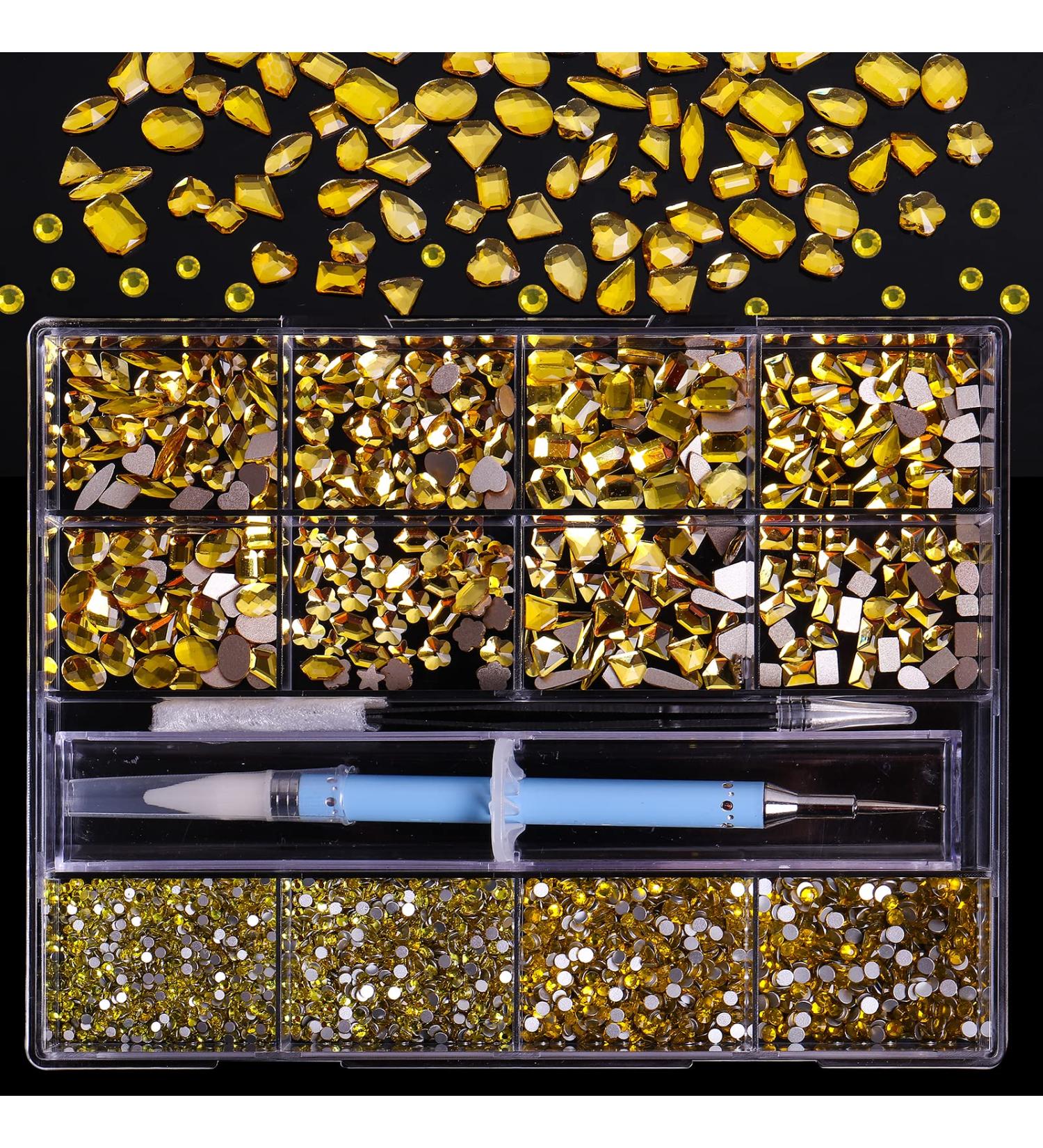 Lemon Yellow Nail Art Rhinestones Set - 3320 Pcs Crystal Gems & Round Beads for DIY Nail Crafts | Includes Tweezers Pen - 24 Types of 320 Diamonds + 3000 Flat Back Gemstones - Buy Online on GoSupps.com
