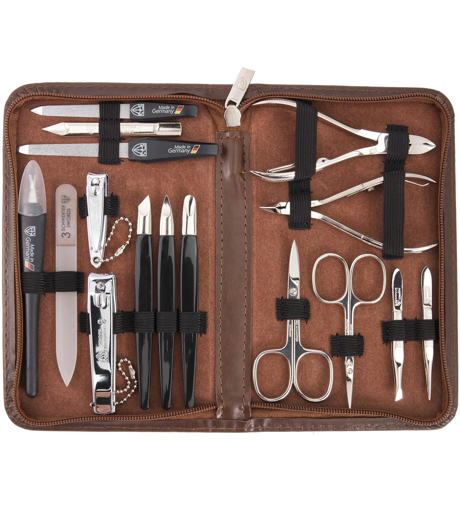 Buy Three Swords 16 pcs Manicure Pedicure Set 'Cinisello' | High-Quality Synthetic Leather Nail Case | Brown | Complete Hand & Foot Care Kit - Buy Online on GoSupps.com