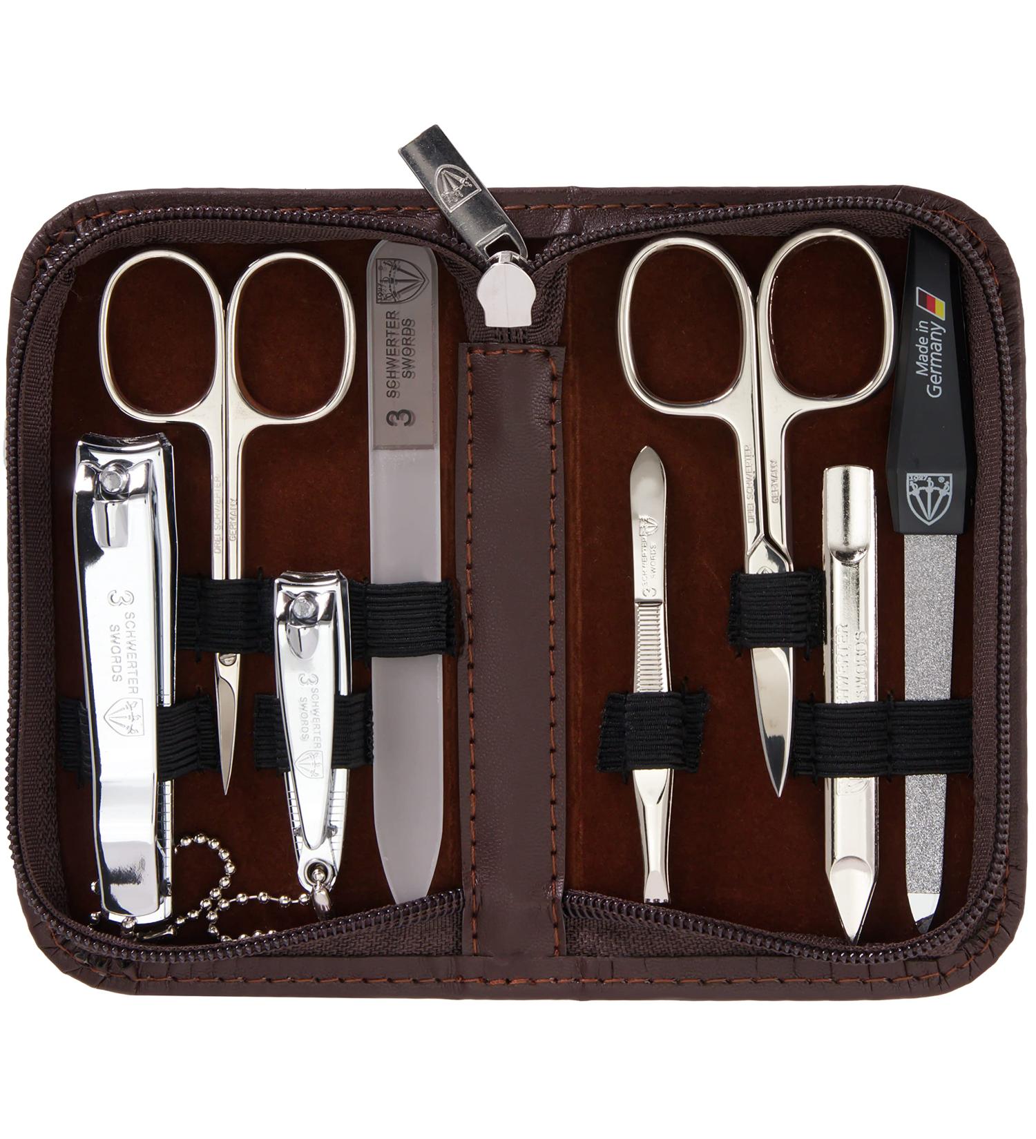 Buy Three Swords 8-Piece 'Roma' Manicure Set | High-Quality Nail Care in Brown Synthetic Leather Case | Nail Scissors Clippers Tweezers & Glass Files | International Shipping Available - Buy Online on GoSupps.com