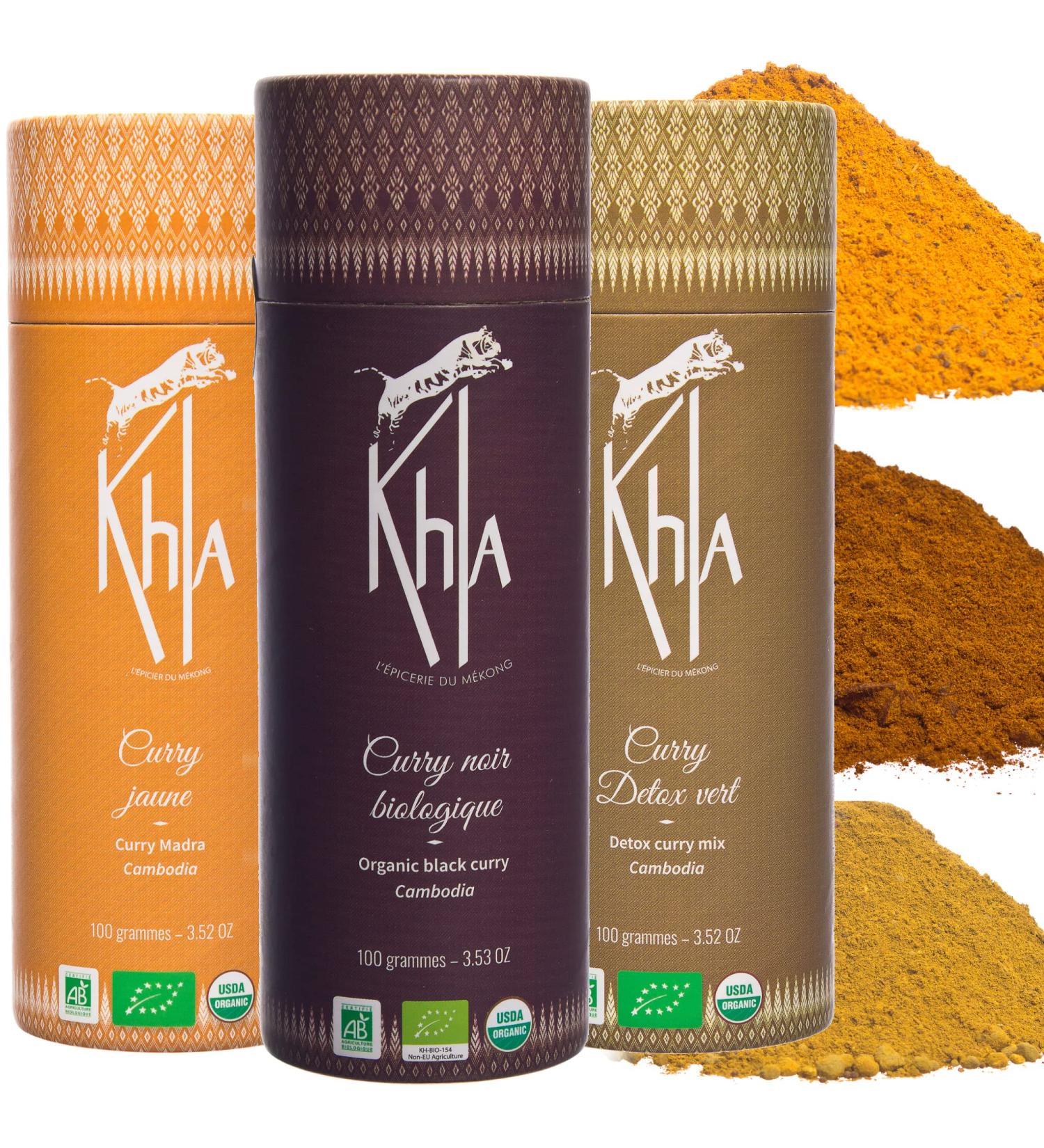 Khla - Organic Curry Trio Box - Yellow Curry Black Curry & Detox Green Curry - Powder Tubes 3x 100g - Gift Idea Box - - Buy Online on GoSupps.com