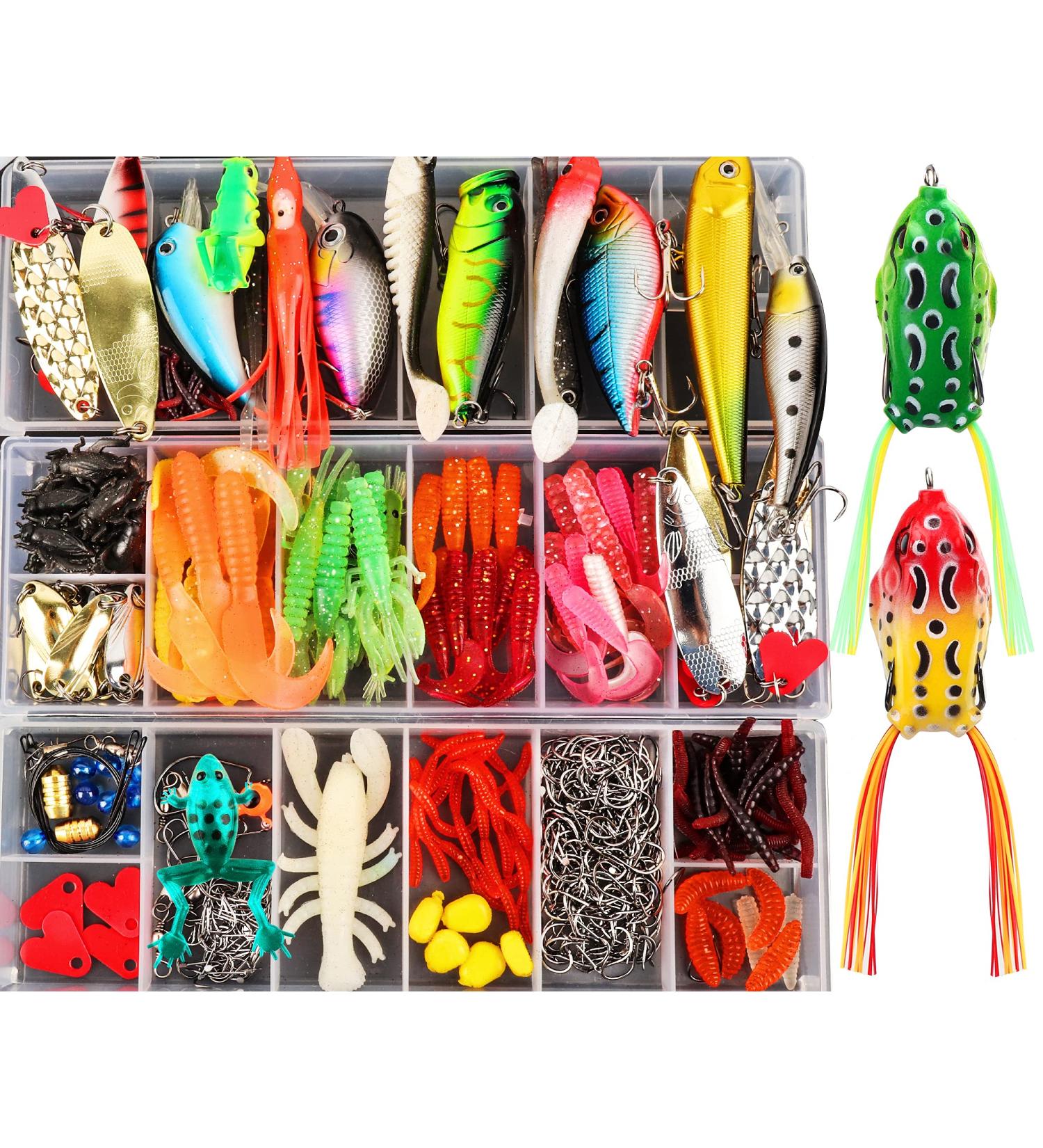 375pcs Fishing Lures Tackle Box - Lifelike Baits for Bass, Trout, Salmon - Best Gifts for Men and Kids - Yellow Frogs, Grasshopper, Plastic Worms - Buy Online on GoSupps.com
