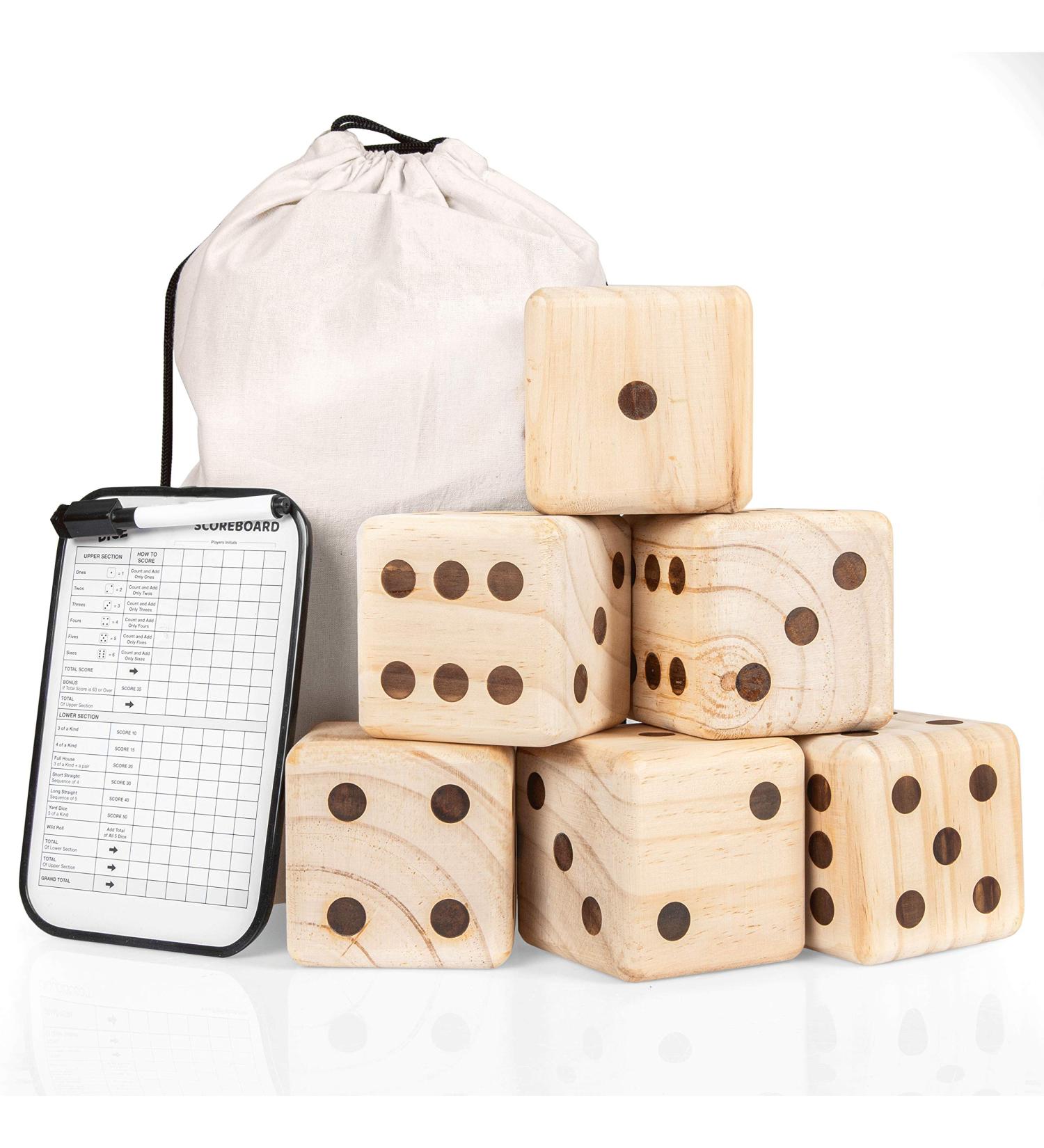 Barcaloo Giant Wooden Yard Dice Set - 6 Jumbo Dice with Scoreboard & Carrying Bag - Fun Outdoor Yardzee Game for All Ages - Buy Online on GoSupps.com