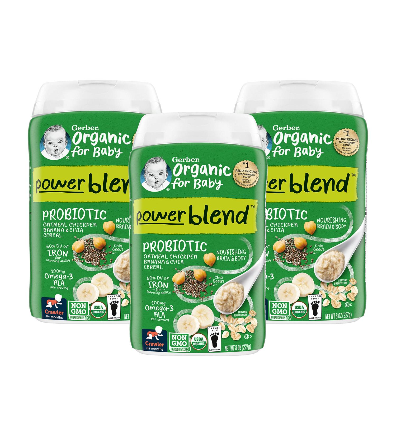 Gerber Organic Power Blend Probiotic Cereal: Oatmeal Chickpea Banana & Chia, 8oz Canister - Pack of 3 - Buy Online on GoSupps.com