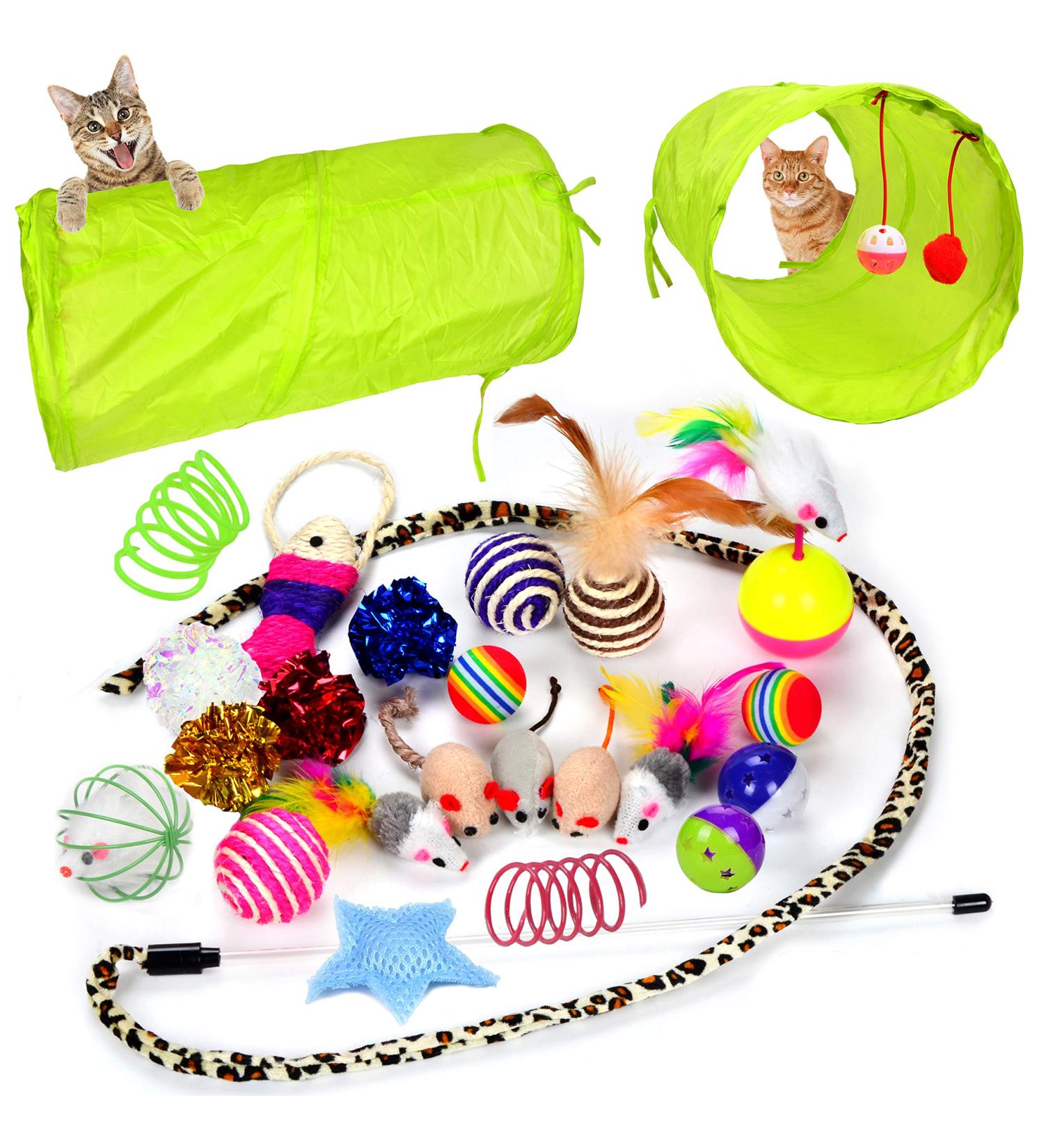 Youngever 24 Cat Toys Assortment - Interactive Tunnel, Teaser, Mouse, Crinkle Balls - Multicolor Kitten and Kitty Playset - Buy Online on GoSupps.com
