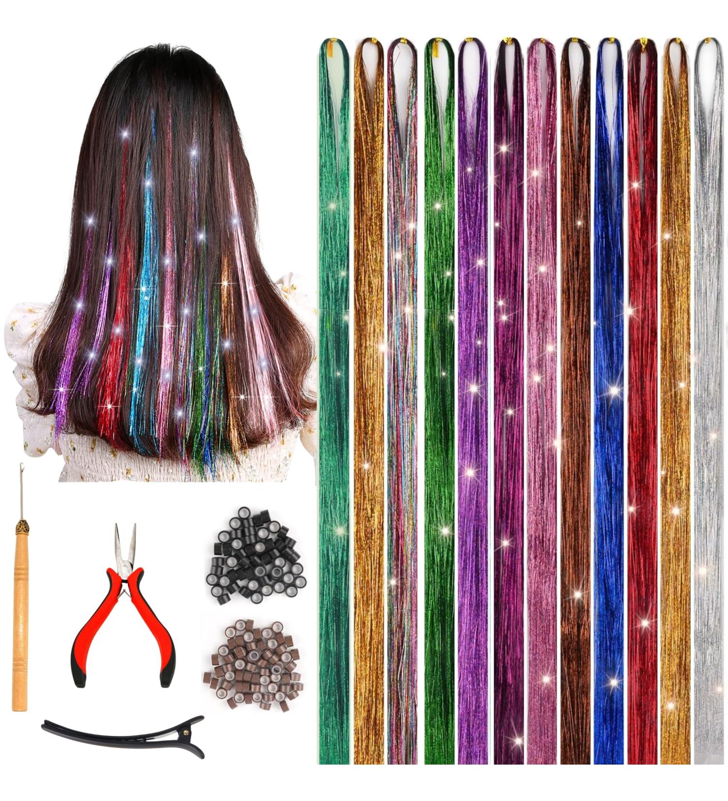 12 Colours of 47 Inches Hair Tinsel with 240 Strands each Tinsel with Tools Girls Shinning Glitter Colored Hair with Full Kit Tinsel Festival Hairs for women Colourful Fairy Tinsel Hair Extensions - Buy Online on GoSupps.com
