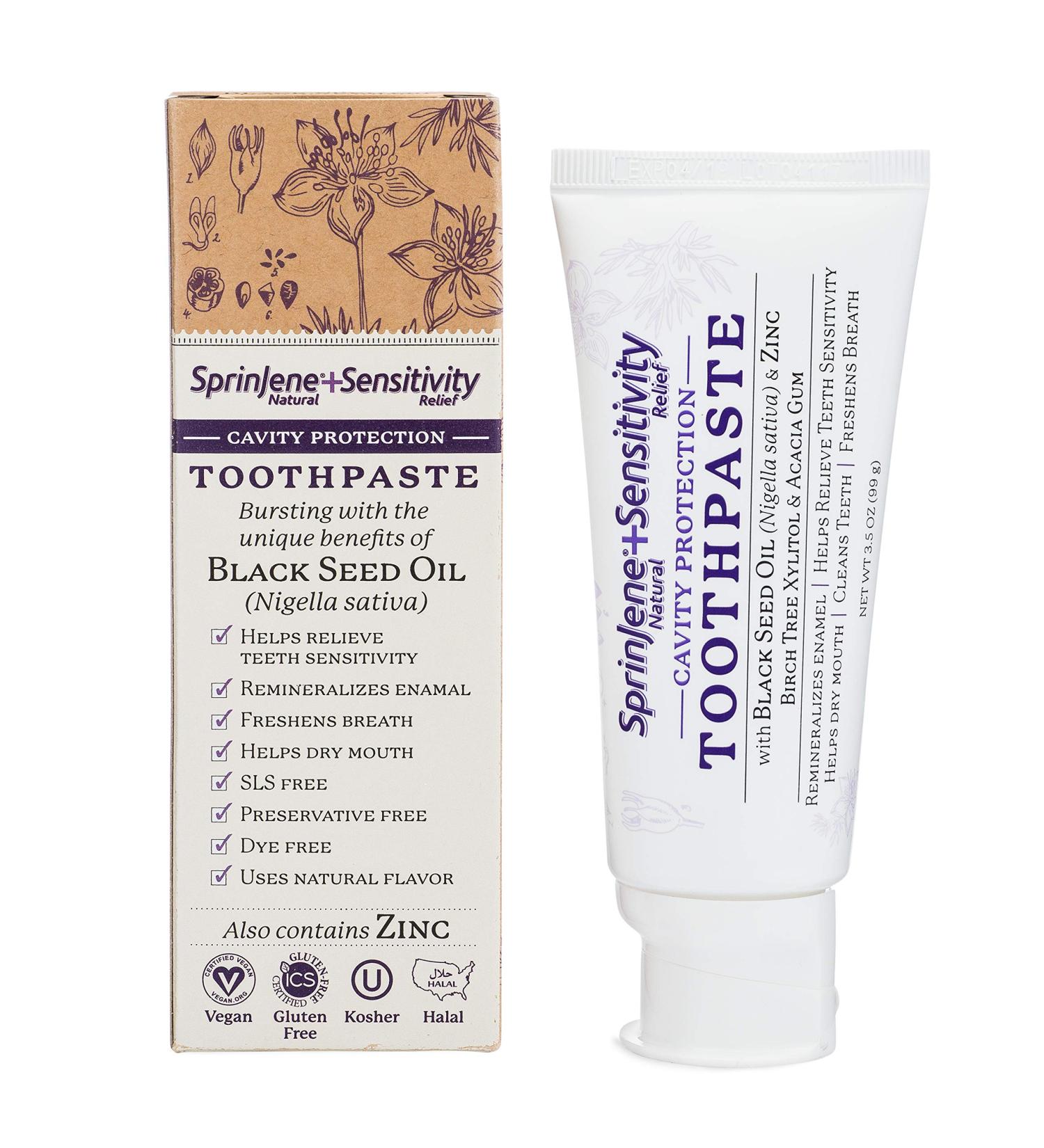 Sprinjene Sensitive Teeth & Gum Toothpaste with Fluoride - Natural, Non-Toxic, SLS Free for Fresh Breath & Dry Mouth - Preservative Free with Black Seed Oil & Zinc - 1 Pack (Original) - Buy Online on GoSupps.com