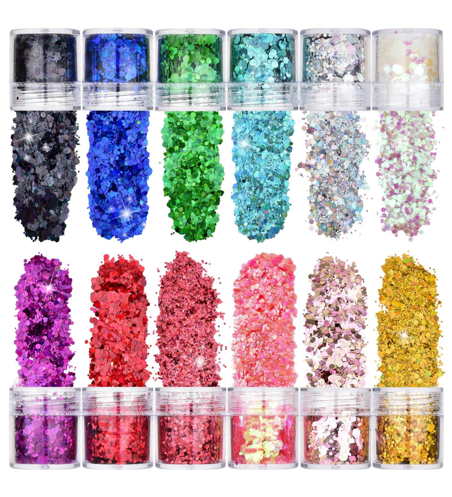 Festival Glitter Face & Body - 12 Color Set for Nail Art Hair & Clothing Decoration | Festive Makeup Sequin Accessories - Buy Online on GoSupps.com