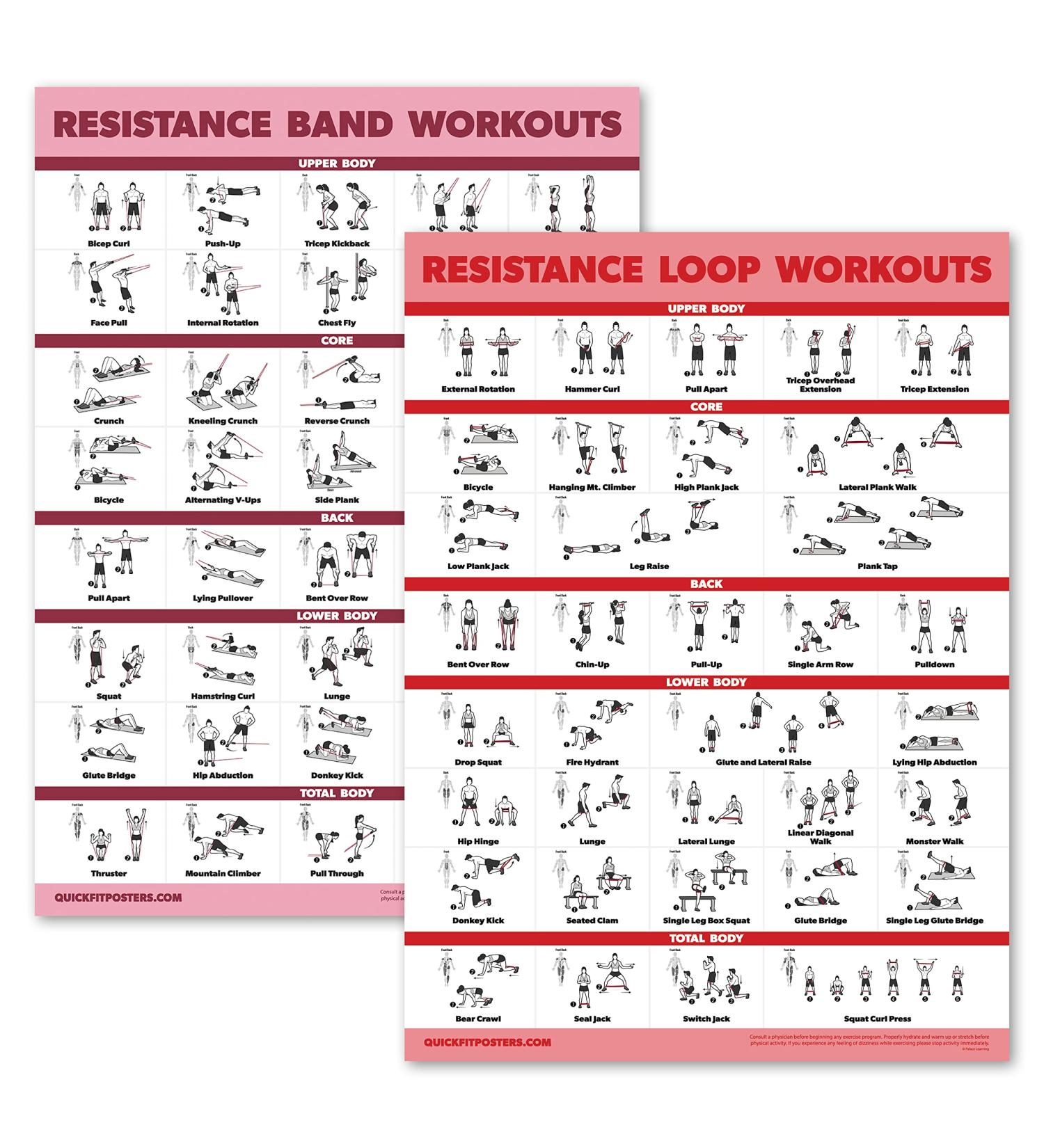 Resistance Bands & Loops Workout Posters 2 Pack - Laminated Exercise Charts - Light 18x24 - Buy Online on GoSupps.com