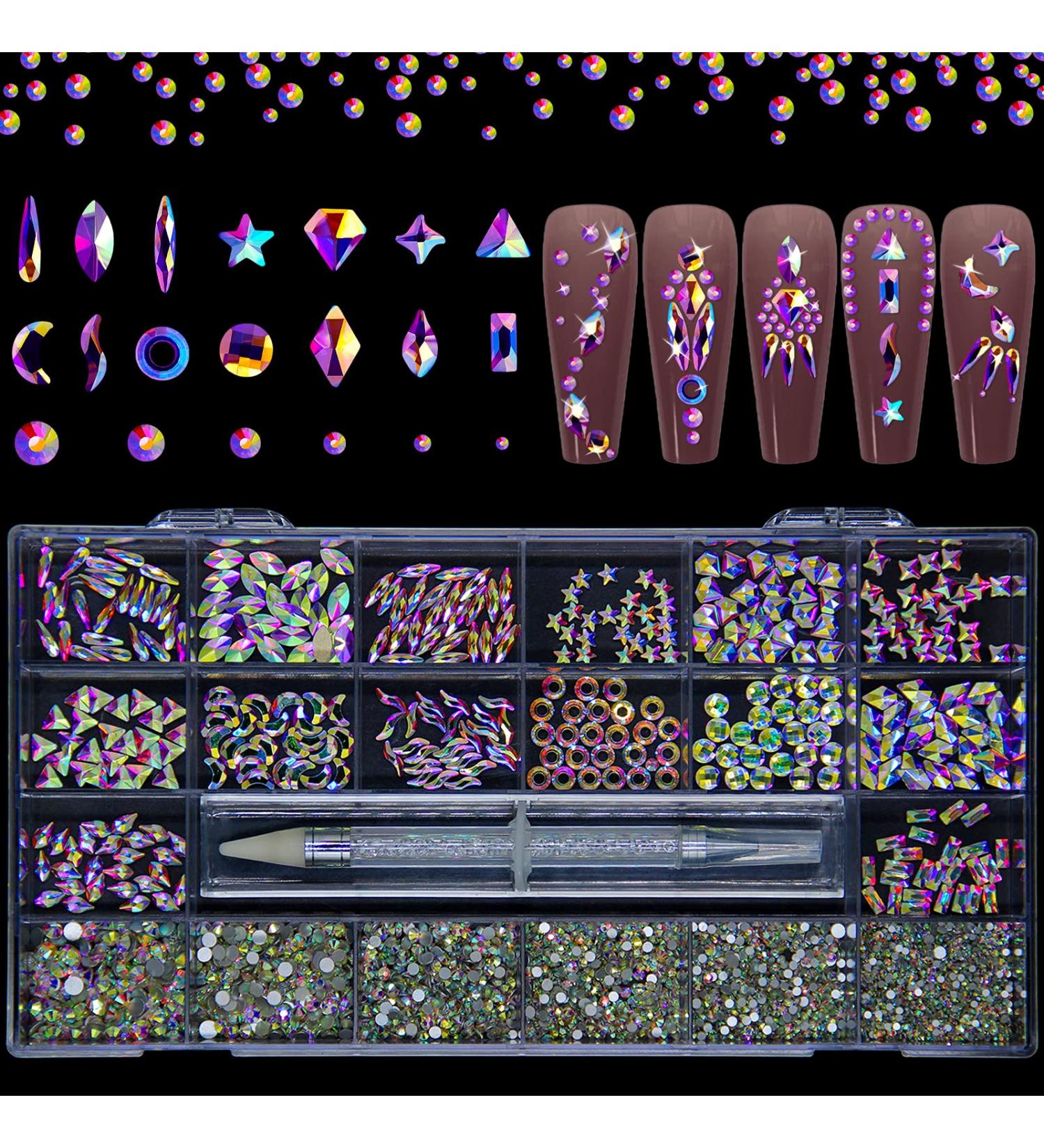 3830pcs Nail Rhinestones Gems Kit - 3D Crystal Diamond Stones, Mixed Shapes, Round Flat Rhinestones - Includes Nail Jewels Wax Pen & Gift Box - for Acrylic Nail Art DIY Crafts - Buy Online on GoSupps.com