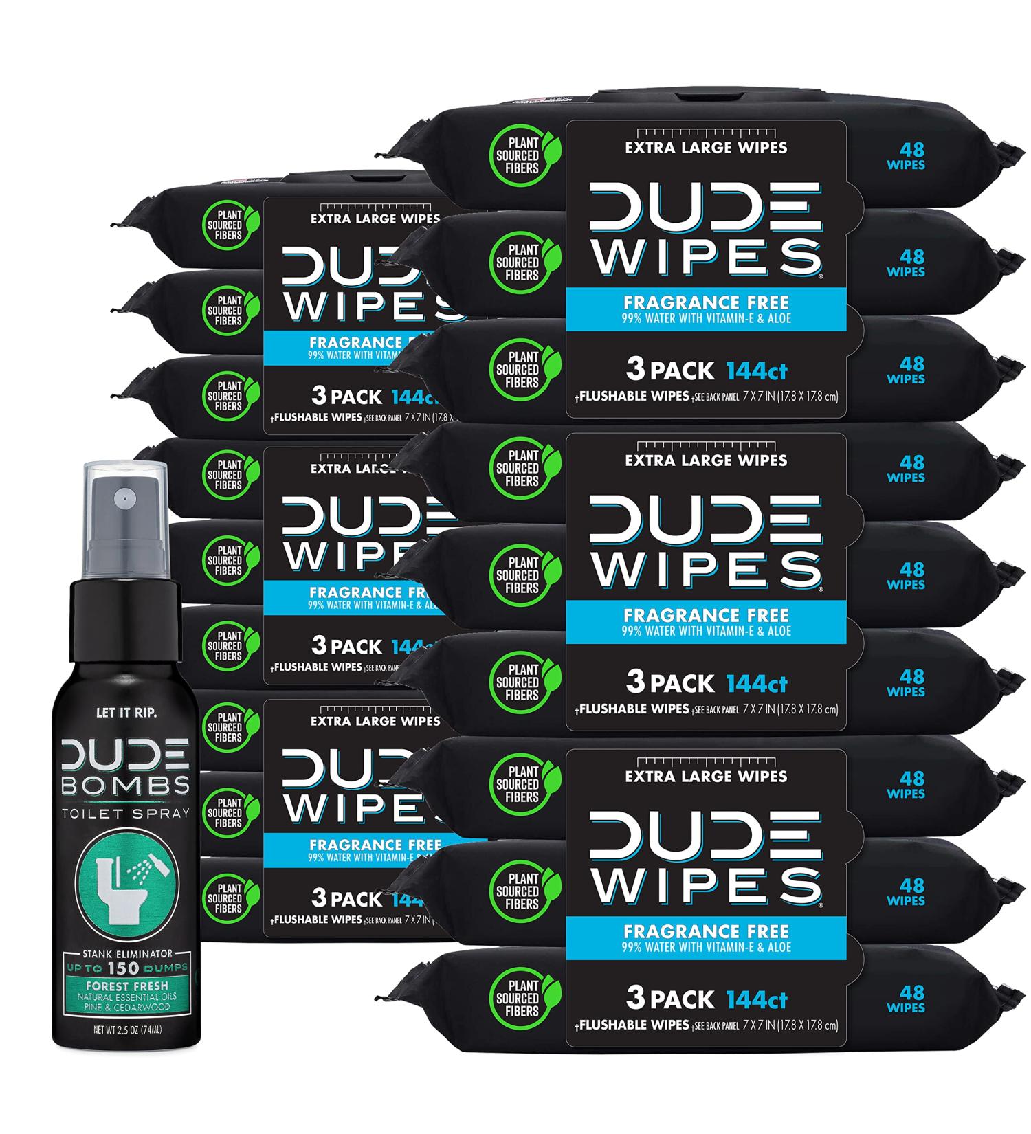 Dude Flushable Adult Wipes & Toilet Spray Combo - 18 Pack, Unscented with Vitamin-E & Aloe - Stank Eliminator Fragrance Free - 864 Wipes + 1 Spray - Buy Online on GoSupps.com