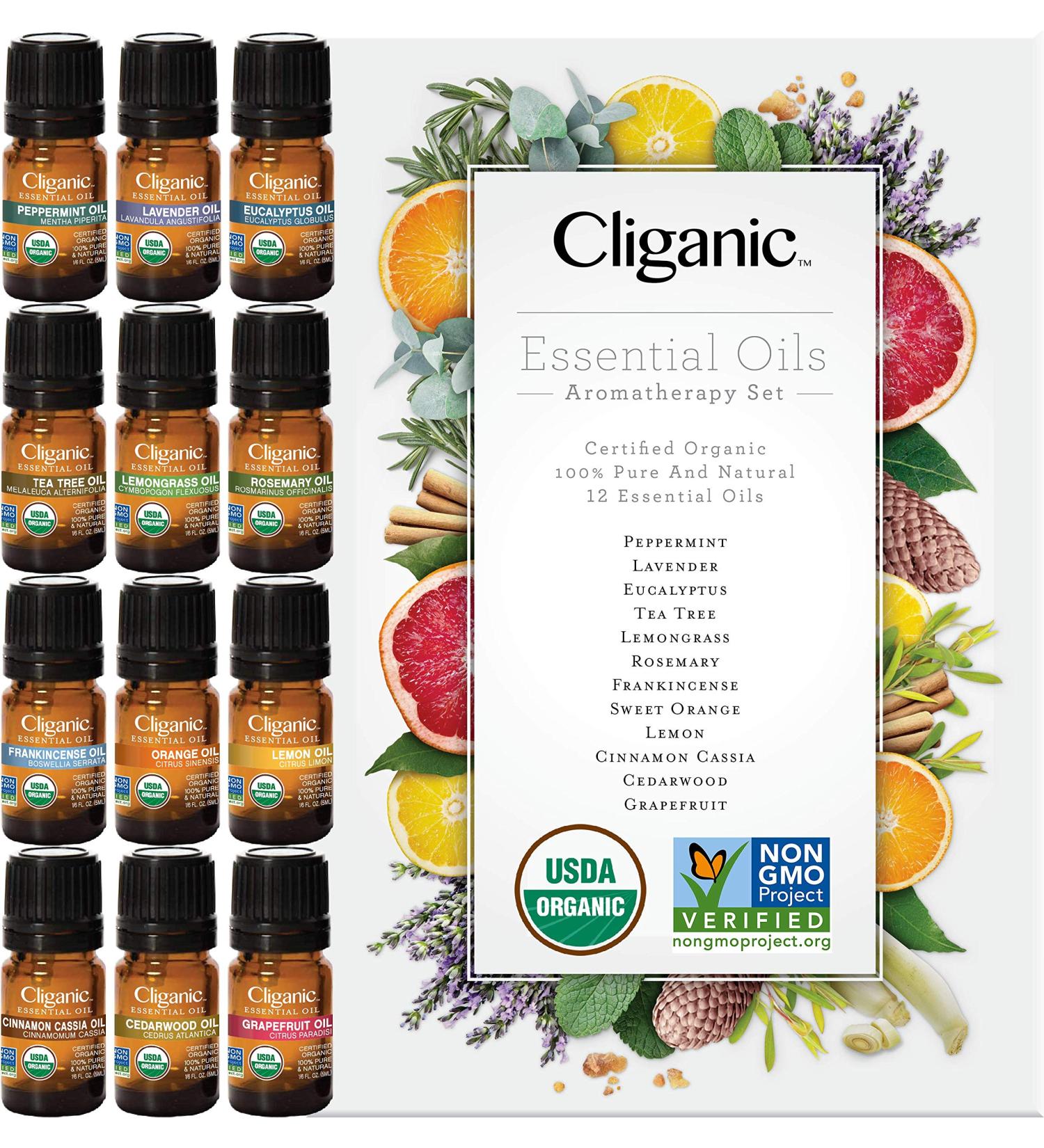 Cliganic USDA Organic Aromatherapy Top 12 Essential Oils Set - 100% Pure, Peppermint, Lavender, Eucalyptus, Tea Tree, Lemongrass, Rosemary, Frankincense, Orange, Lemon, Cassia, Cedarwood & Grapefruit - Buy Online on GoSupps.com
