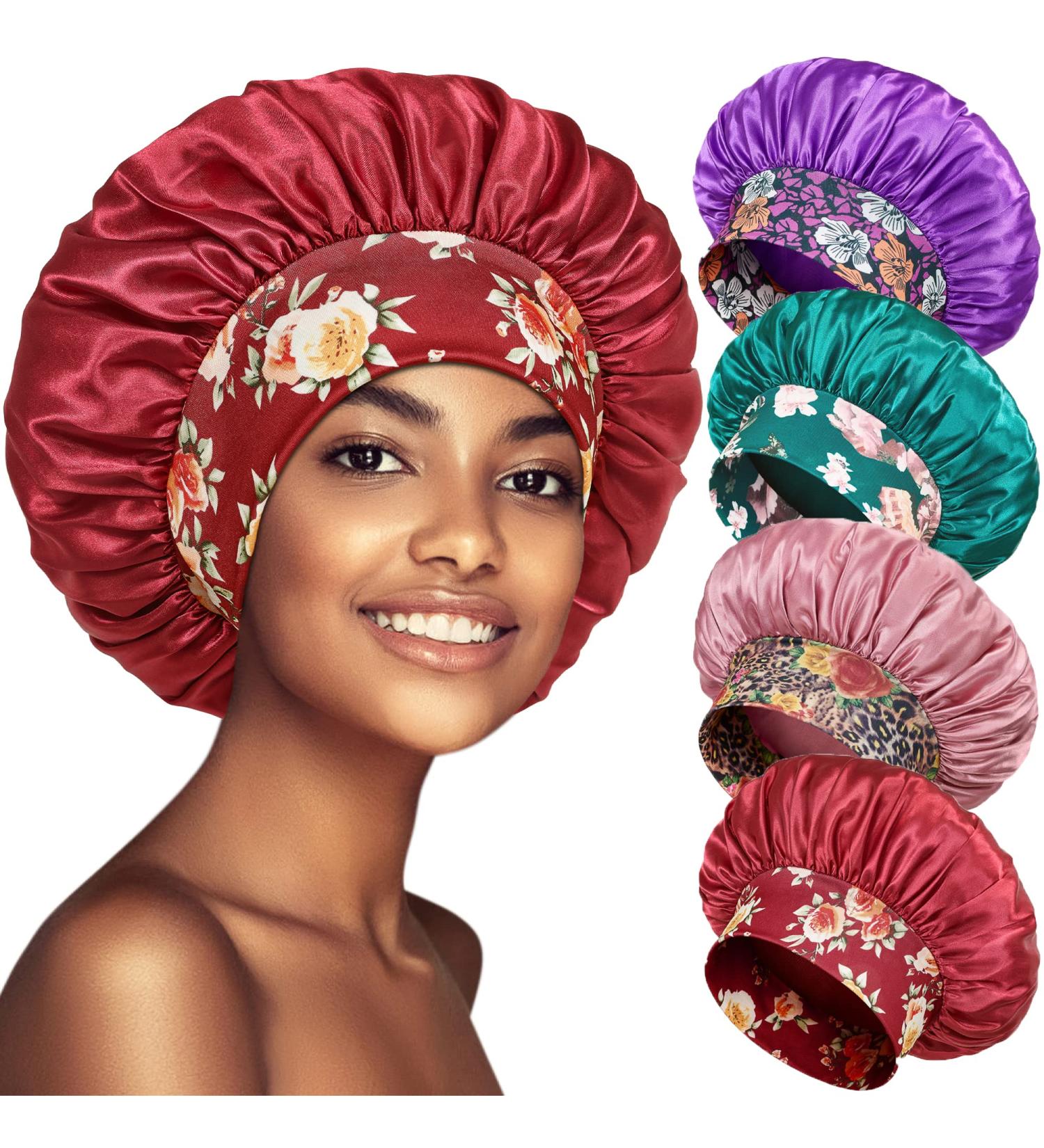 Satin Bonnet 4 Pack for Black Women - Silk Sleep Caps for Curly Hair - Wide Soft Band - Hair Bonnet for Sleeping - Set of 4 - Buy Online on GoSupps.com