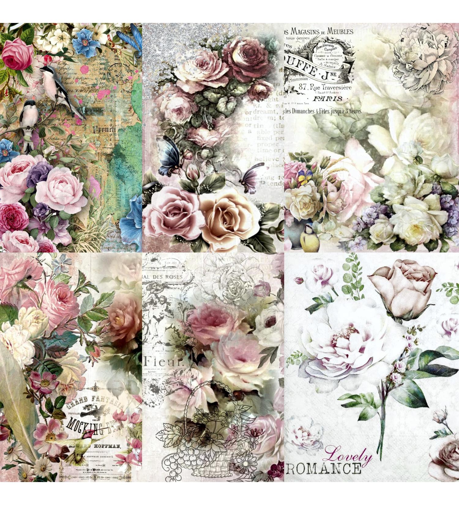 Rose Theme Mulberry Rice Paper Set - 8x10.5 Inch, 6 Different Printed Images, 30gsm, Ideal for Decoupage and Mixed Media Crafts - Buy Online on GoSupps.com