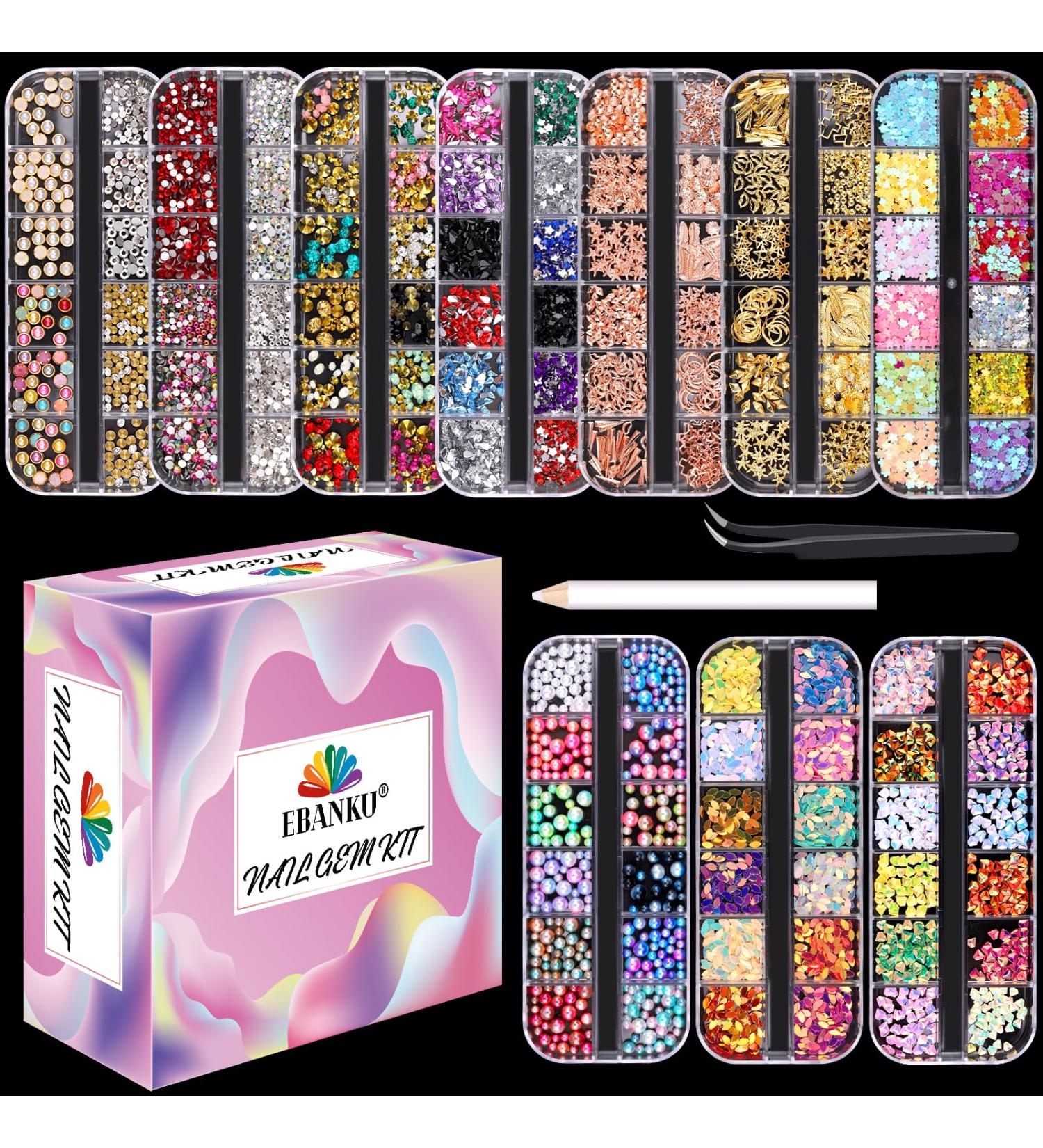 EBANKU Nail Art Rhinestones Set with Pick Up Tweezers - 10 Boxes of Nail Studs, Gems, and Diamonds for Nail Art Decoration - Buy Online on GoSupps.com