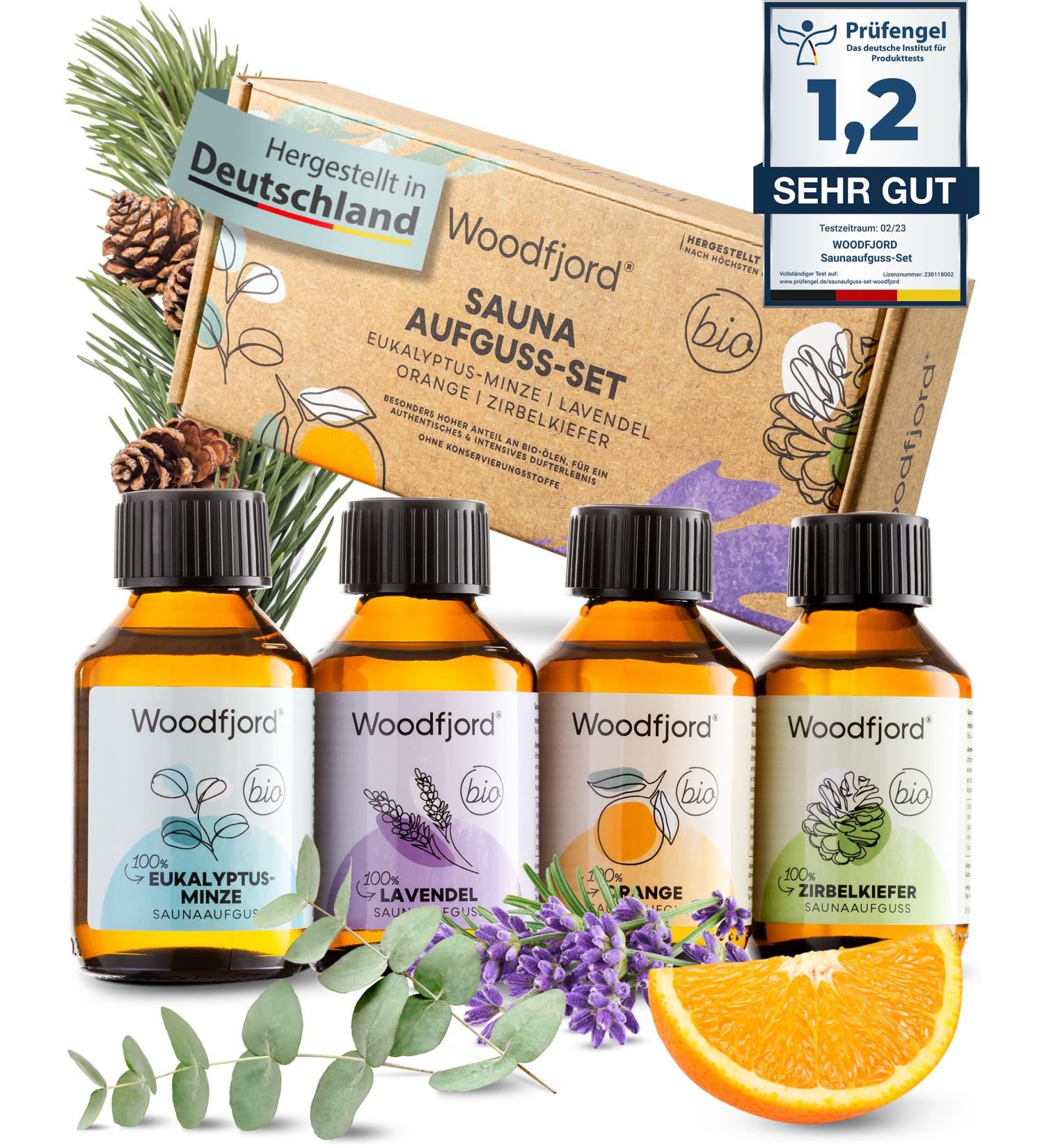 Woodfjord Sauna Infusion Set Bio Classic - 4 Organic Fragrances & Oils (100ml) for Authentic Sauna Experience | Premium Air Test Set - Buy Online on GoSupps.com
