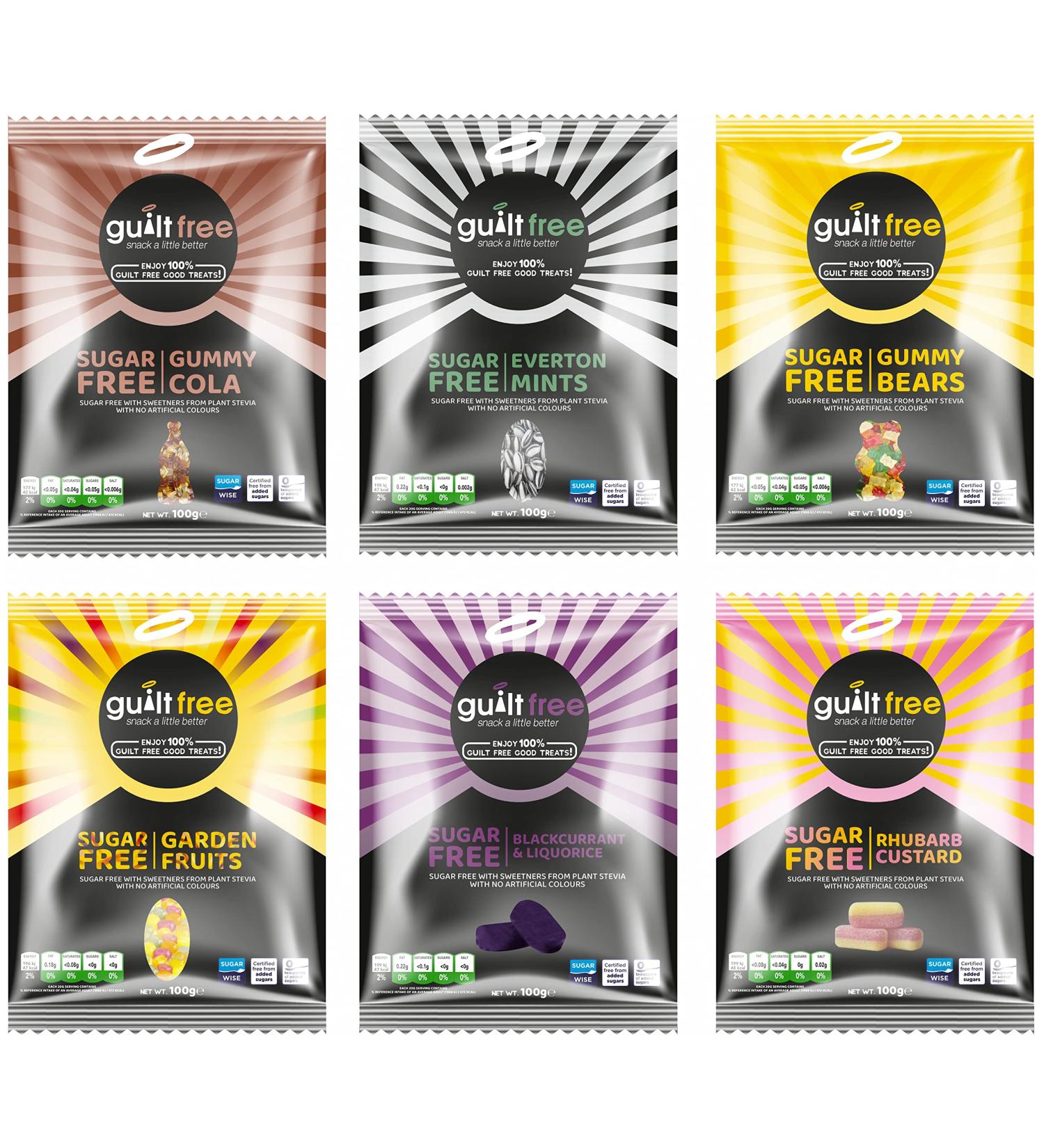 GUILTFREE Sugar Free Sweets 6x100g Healthy Diabetic Sweets Gift Hamper Set Box Friendly Hard Candy Gummies Cola Bottles Gluten Free Variety Pack - Buy Online on GoSupps.com