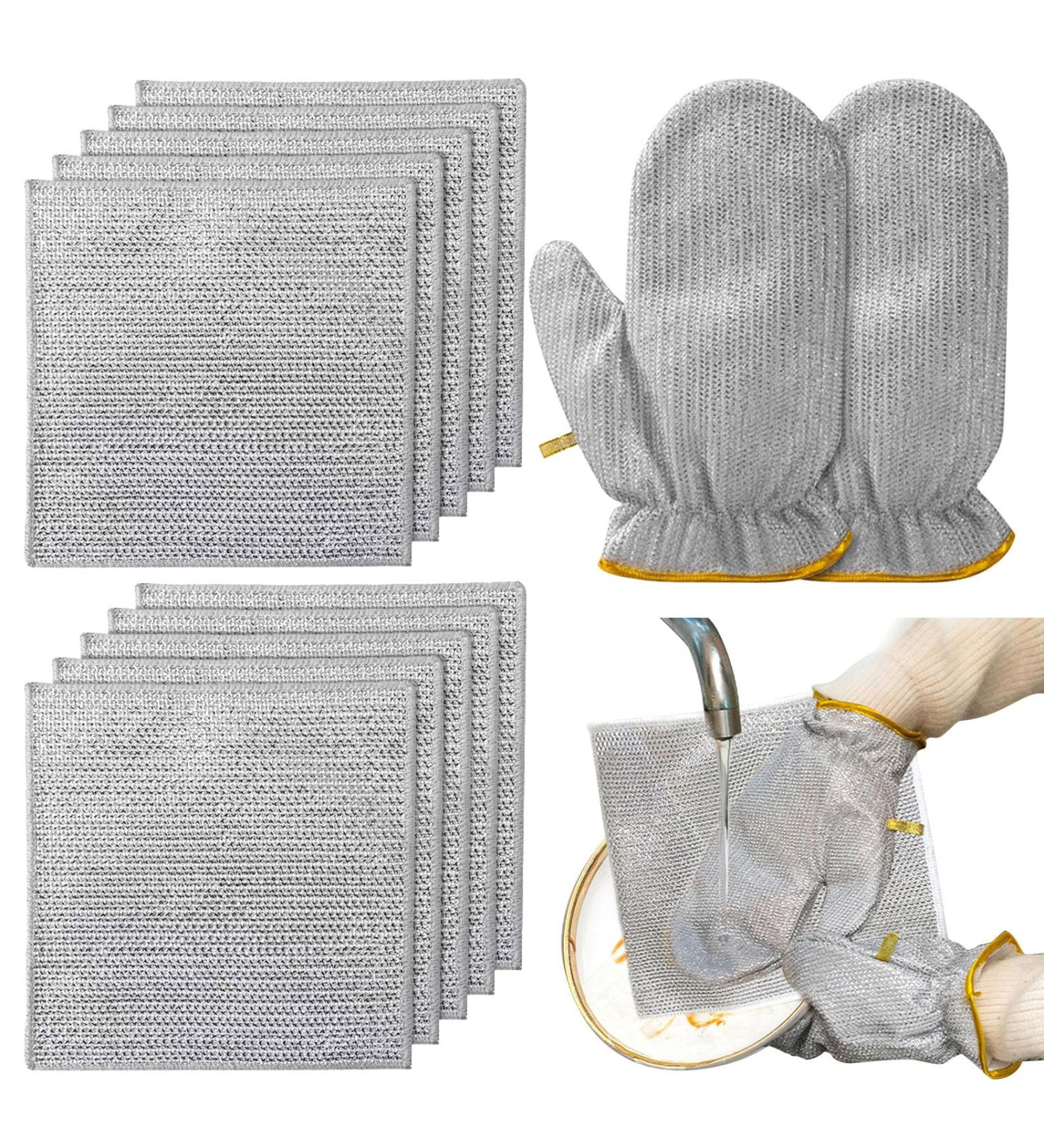 Multipurpose Wire Dishwashing Rags with Gloves - 10 Pack Non Scratch Mesh Cleaner Dishcloth Double Layer Cleaning Pads for Kitchen Pots Pans Sinks - Buy Online on GoSupps.com