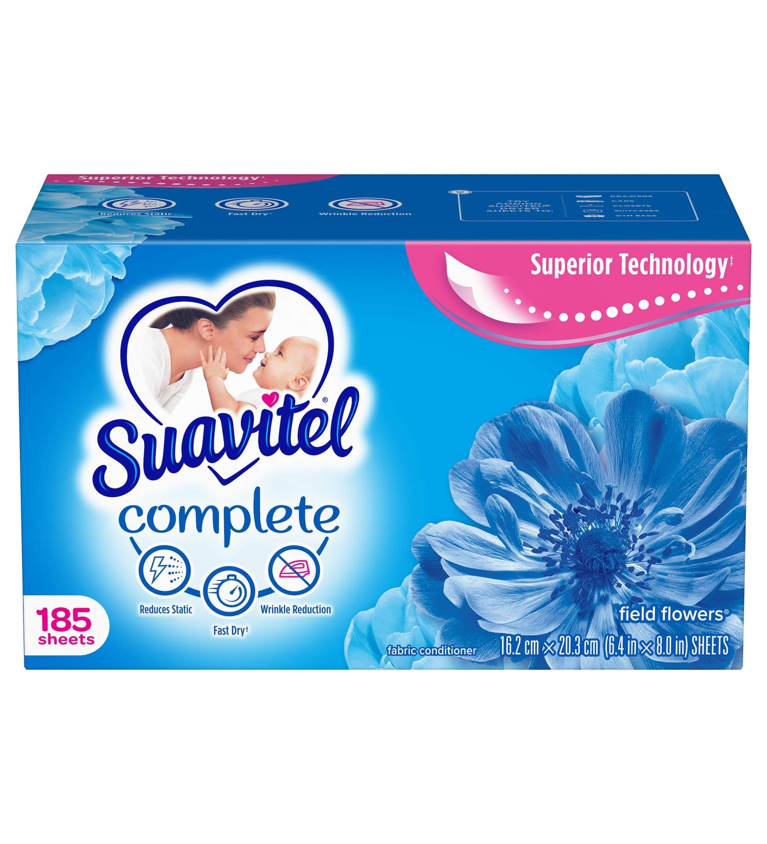 Suavitel Complete Fabric Softener Dryer Sheets - Field Flowers 185 Count | Softens & Freshens Laundry | International Shipping Available - Buy Online on GoSupps.com