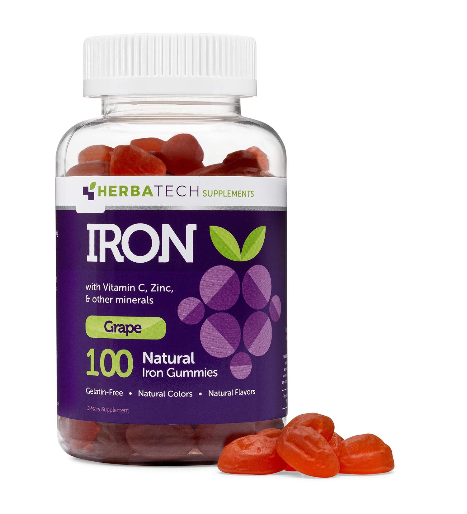 Iron Gummies for Adults and Kids - Chewable Multivitamin with Vitamin C, A, B, Zinc, Folic Acid & Biotin - Grape Flavored - Vegan & Made in USA | HERBATECH - Buy Online on GoSupps.com