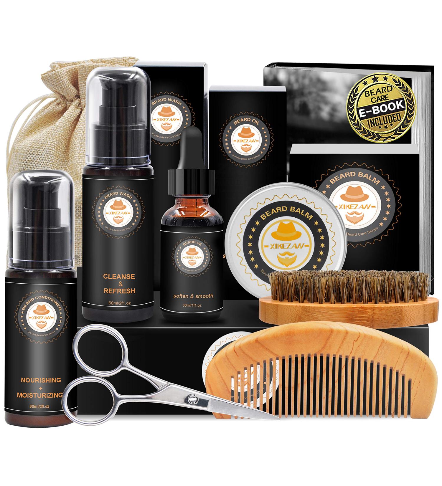 Beard Grooming Kit with Conditioner, Oil, Balm, Brush, Shampoo, Comb, Scissors, Storage Bag, E-Book - Beard Growth Care Gifts for Men - Buy Online on GoSupps.com